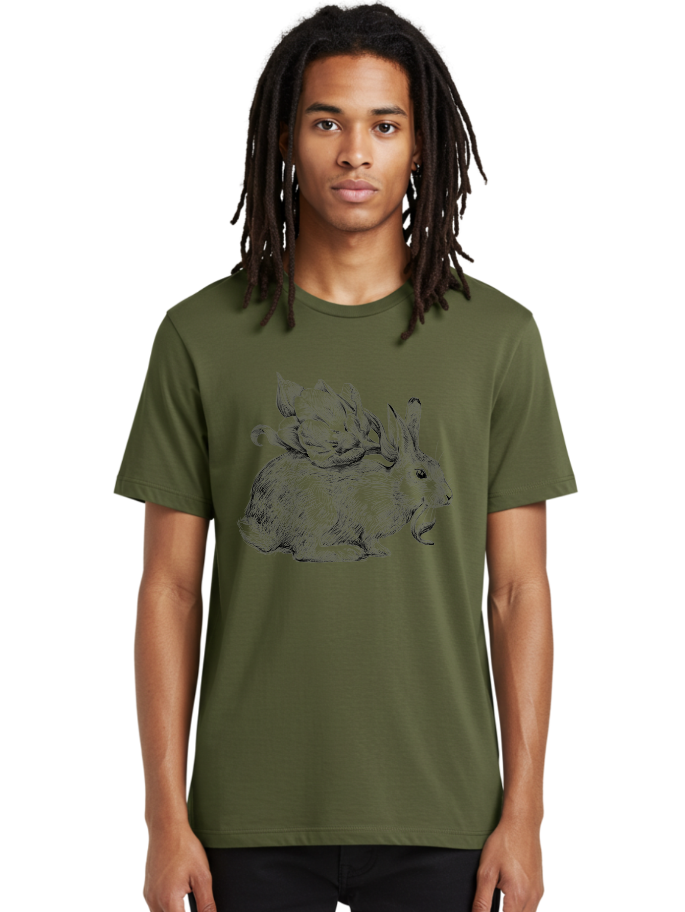 Rabbit-With-Flowers-1 Men'S Graphic Tee, 100% Cotton, Comfortable Casual Summer Wear, Machine Washable, Rabbit With Tulip On Its Back, Floral Design, Intricate Details, Whimsical Illustration, Fantasy Art, Spring Theme, Cute Rabbit, Aac269