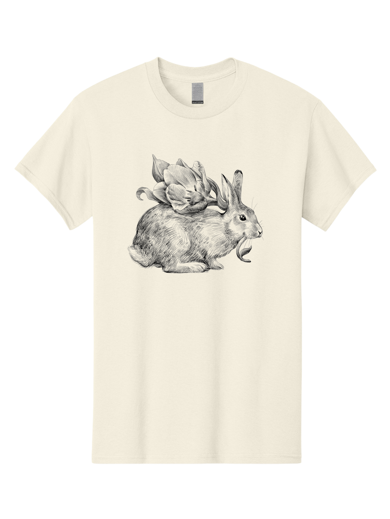 Rabbit-With-Flowers-1 Men'S Graphic Tee, 100% Cotton, Comfortable Casual Summer Wear, Machine Washable, Rabbit With Tulip On Its Back, Floral Design, Intricate Details, Whimsical Illustration, Fantasy Art, Spring Theme, Cute Rabbit, Aac269