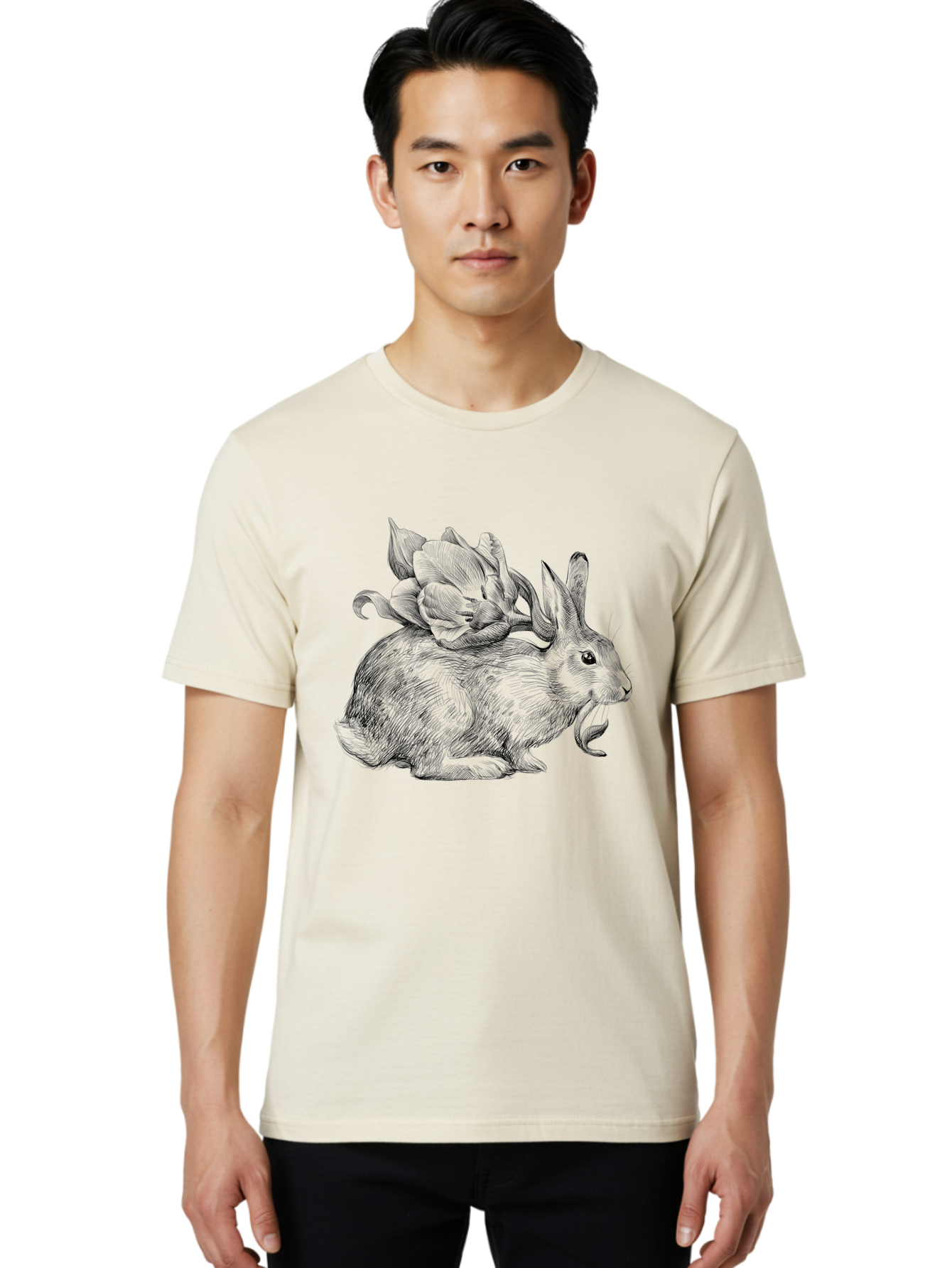 Rabbit-With-Flowers-1 Men'S Graphic Tee, 100% Cotton, Comfortable Casual Summer Wear, Machine Washable, Rabbit With Tulip On Its Back, Floral Design, Intricate Details, Whimsical Illustration, Fantasy Art, Spring Theme, Cute Rabbit, Aac269