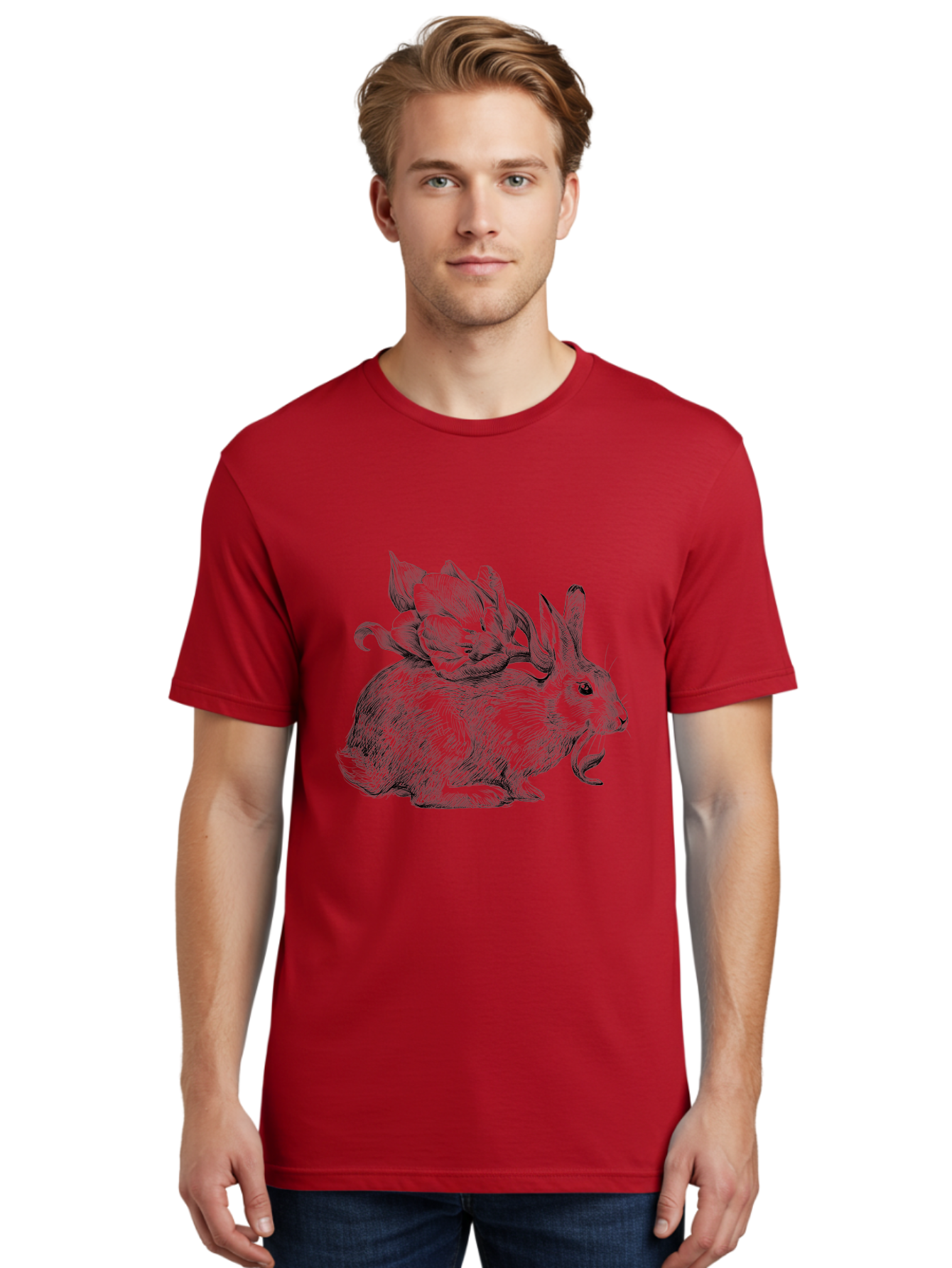 Rabbit-With-Flowers-1 Men'S Graphic Tee, 100% Cotton, Comfortable Casual Summer Wear, Machine Washable, Rabbit With Tulip On Its Back, Floral Design, Intricate Details, Whimsical Illustration, Fantasy Art, Spring Theme, Cute Rabbit, Aac269