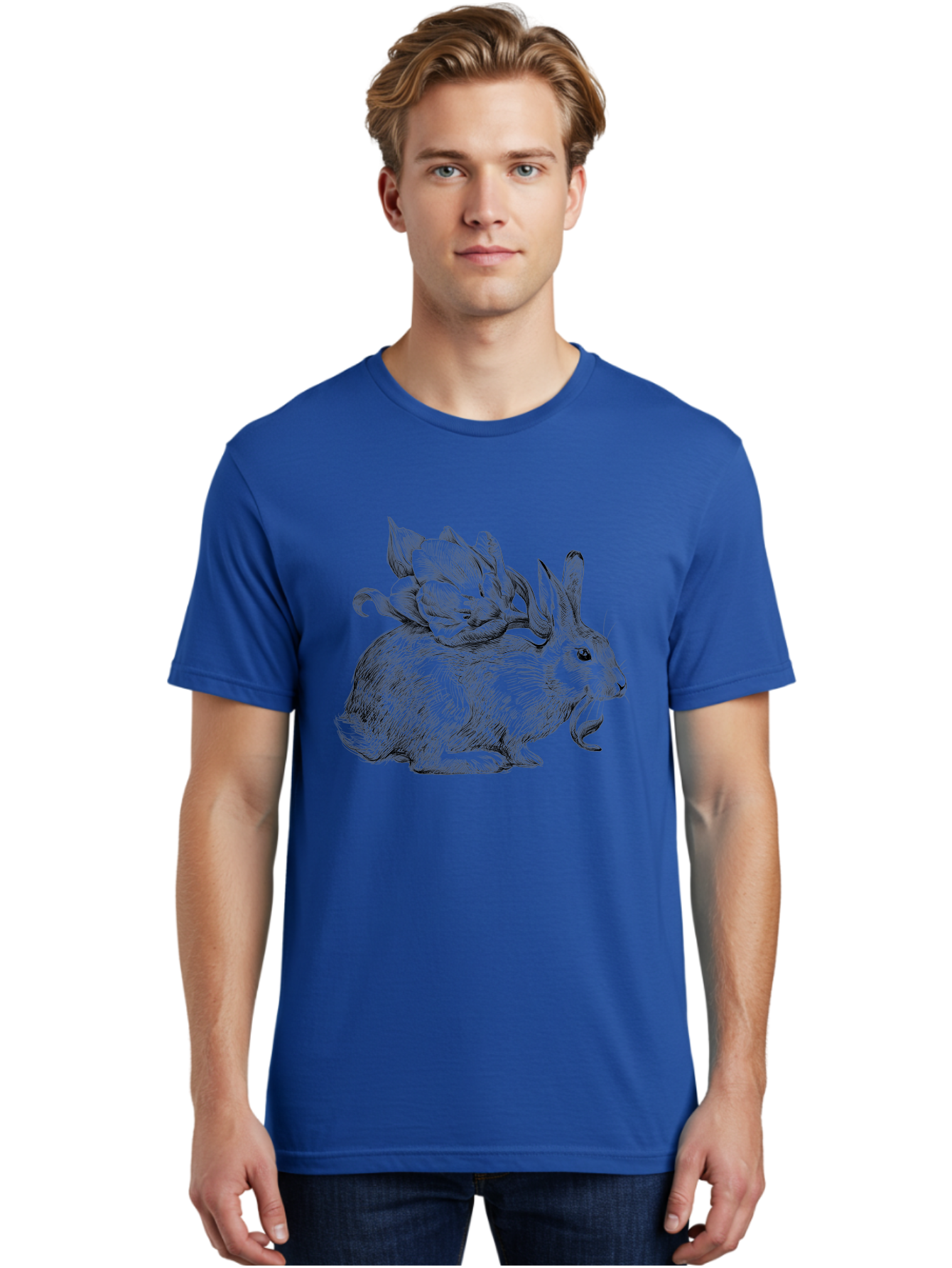 Rabbit-With-Flowers-1 Men'S Graphic Tee, 100% Cotton, Comfortable Casual Summer Wear, Machine Washable, Rabbit With Tulip On Its Back, Floral Design, Intricate Details, Whimsical Illustration, Fantasy Art, Spring Theme, Cute Rabbit, Aac269