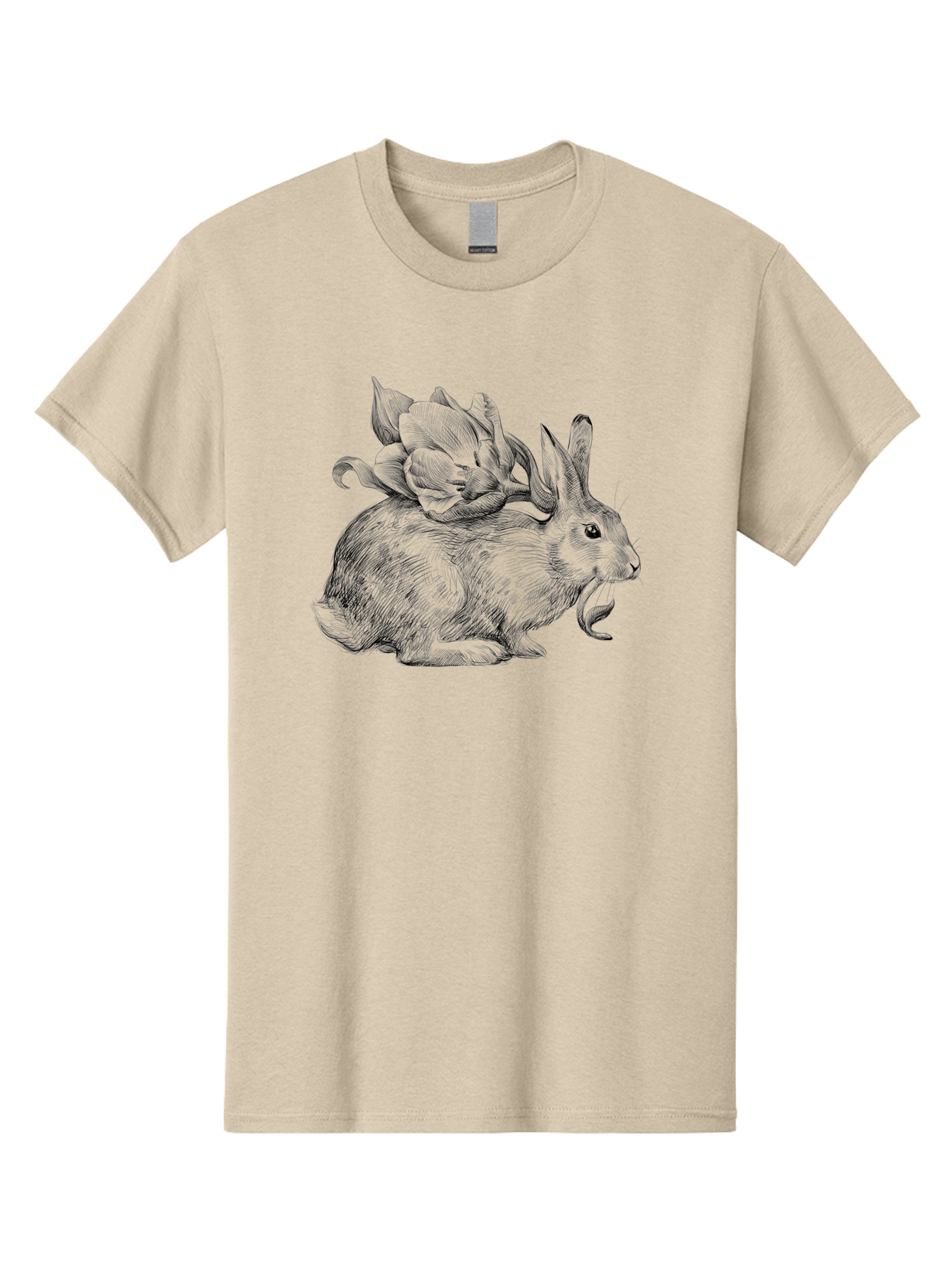 Rabbit-With-Flowers-1 Men'S Graphic Tee, 100% Cotton, Comfortable Casual Summer Wear, Machine Washable, Rabbit With Tulip On Its Back, Floral Design, Intricate Details, Whimsical Illustration, Fantasy Art, Spring Theme, Cute Rabbit, Aac269