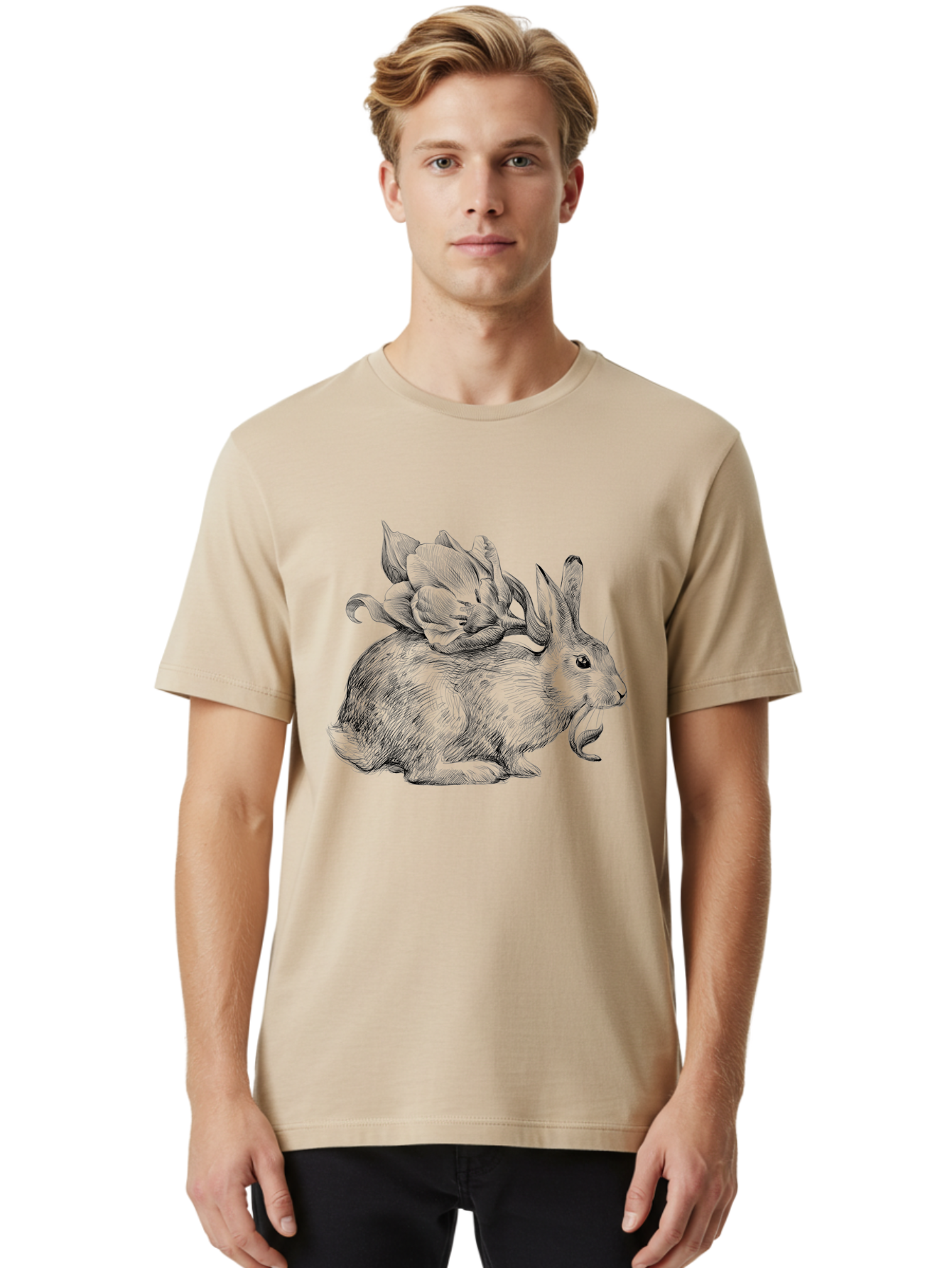 Rabbit-With-Flowers-1 Men'S Graphic Tee, 100% Cotton, Comfortable Casual Summer Wear, Machine Washable, Rabbit With Tulip On Its Back, Floral Design, Intricate Details, Whimsical Illustration, Fantasy Art, Spring Theme, Cute Rabbit, Aac269