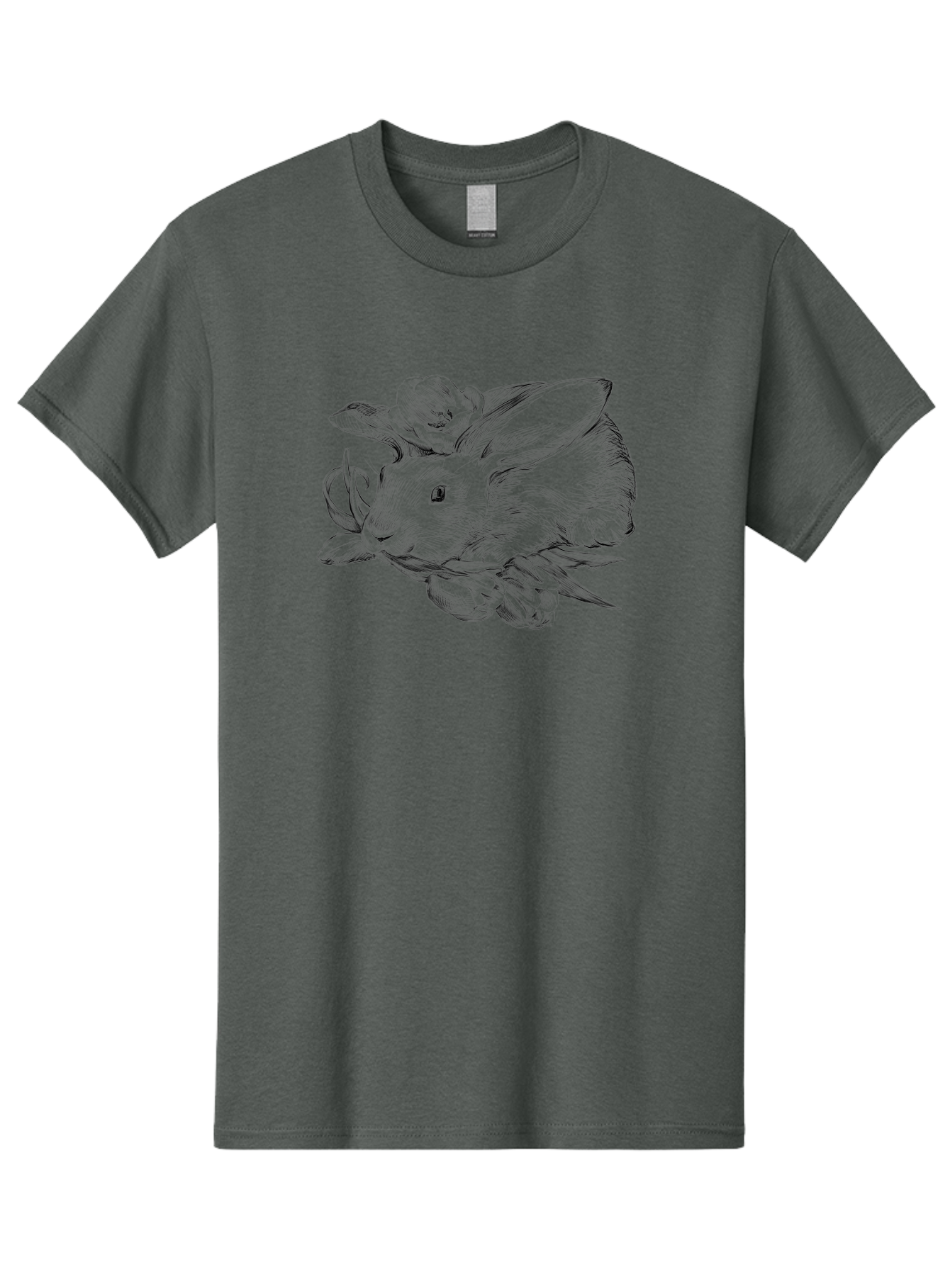 Rabbit-With-Flowers Men'S Graphic Tee, 100% Cotton, Comfortable Casual Summer Wear, Machine Washable, Rabbit Surrounded By Tulips, Floral Arrangement, Ink Illustration, Detailed Drawing, Rabbit With Flowers, Spring Theme, Botanical Art, Aac270
