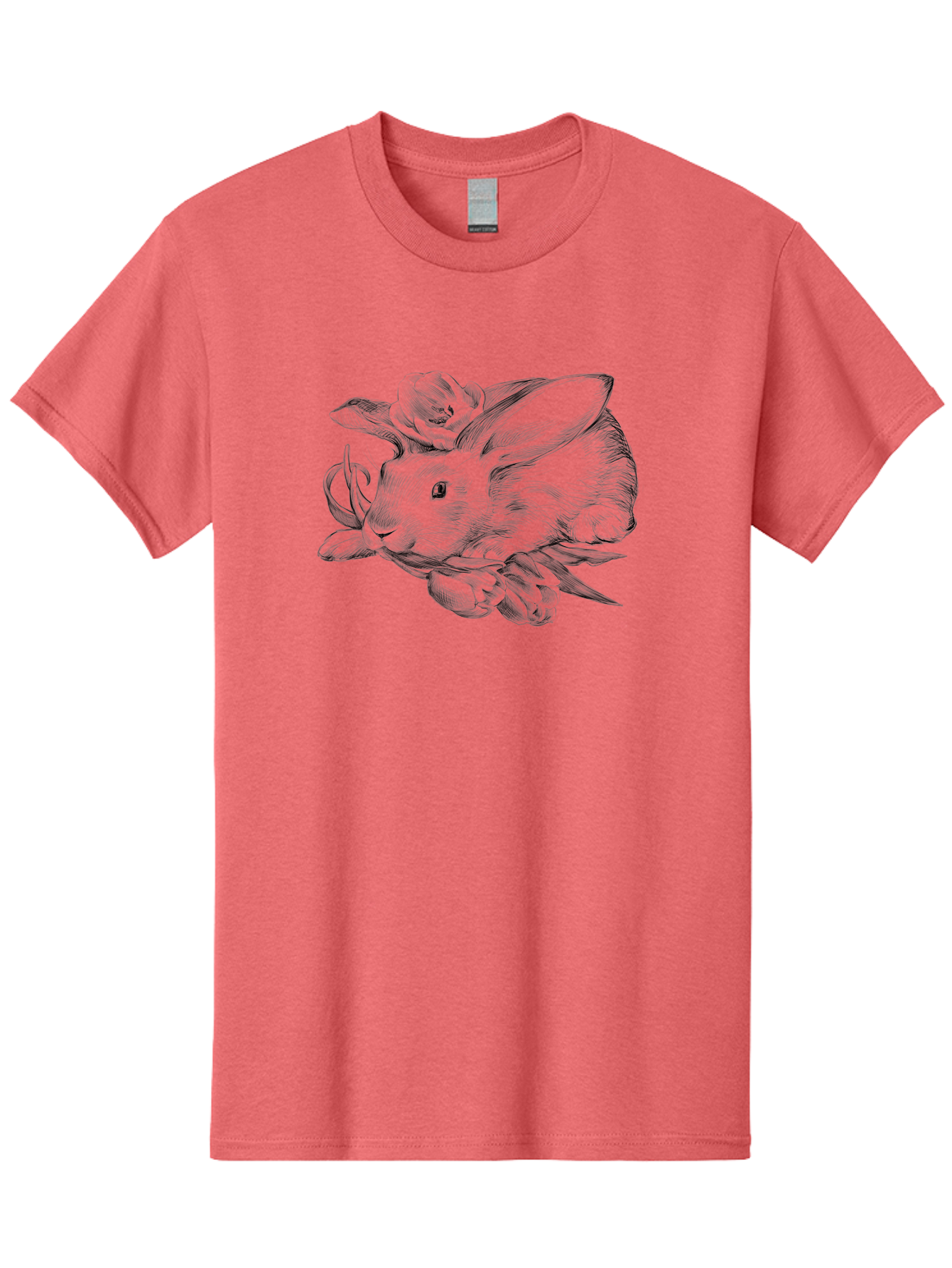 Rabbit-With-Flowers Men'S Graphic Tee, 100% Cotton, Comfortable Casual Summer Wear, Machine Washable, Rabbit Surrounded By Tulips, Floral Arrangement, Ink Illustration, Detailed Drawing, Rabbit With Flowers, Spring Theme, Botanical Art, Aac270