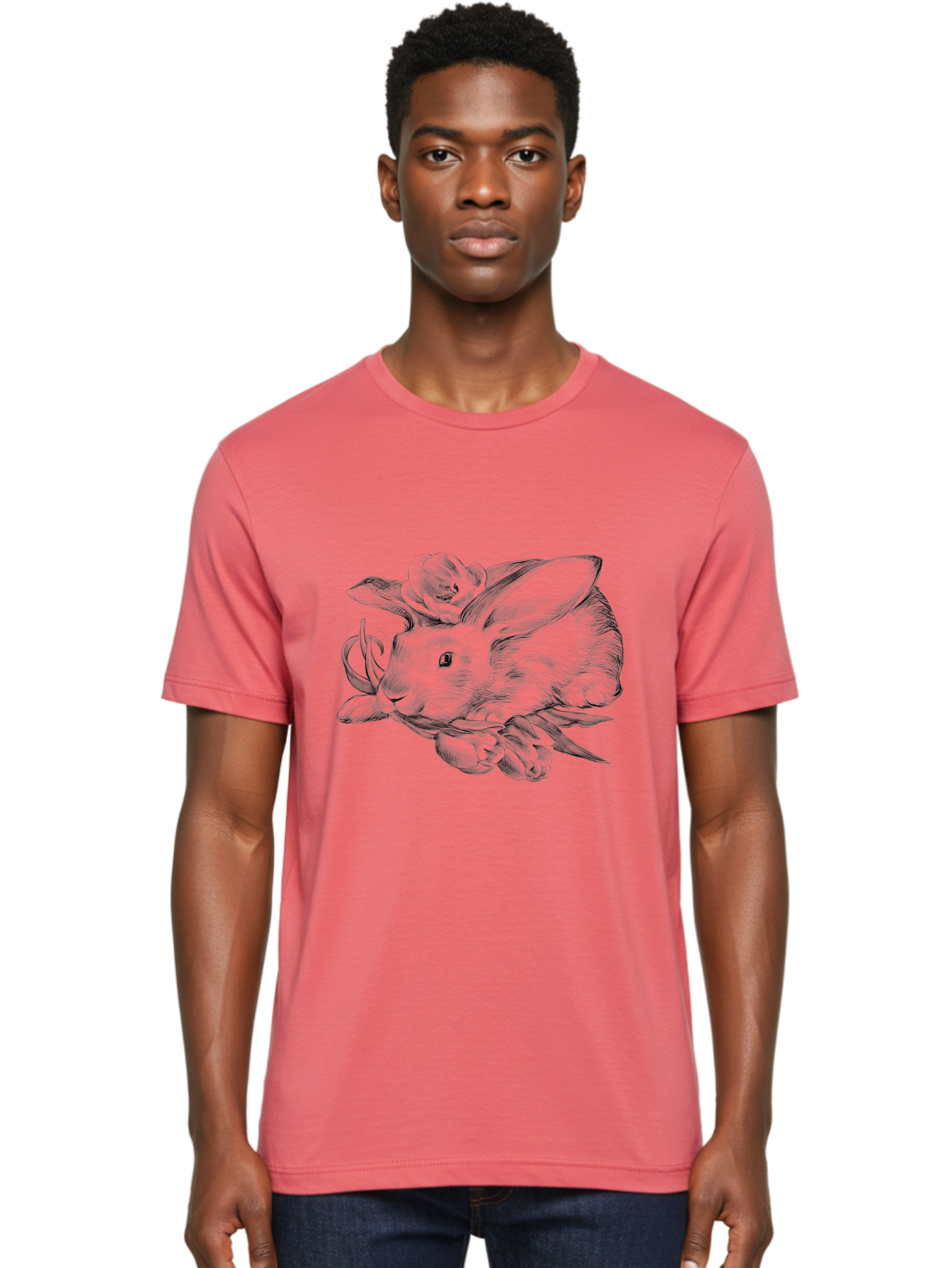 Rabbit-With-Flowers Men'S Graphic Tee, 100% Cotton, Comfortable Casual Summer Wear, Machine Washable, Rabbit Surrounded By Tulips, Floral Arrangement, Ink Illustration, Detailed Drawing, Rabbit With Flowers, Spring Theme, Botanical Art, Aac270