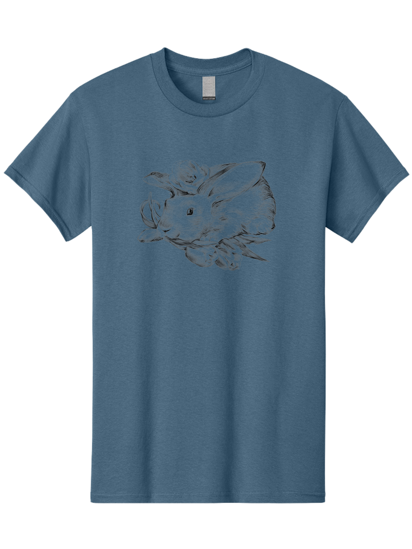 Rabbit-With-Flowers Men'S Graphic Tee, 100% Cotton, Comfortable Casual Summer Wear, Machine Washable, Rabbit Surrounded By Tulips, Floral Arrangement, Ink Illustration, Detailed Drawing, Rabbit With Flowers, Spring Theme, Botanical Art, Aac270