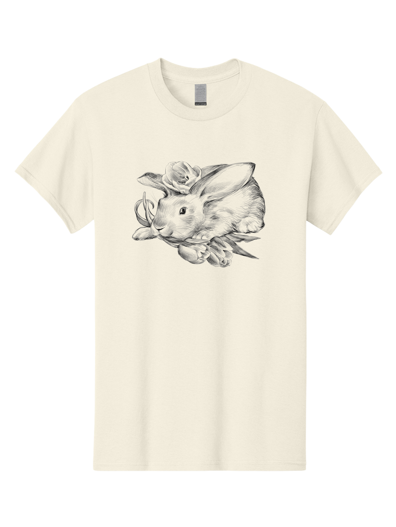 Rabbit-With-Flowers Men'S Graphic Tee, 100% Cotton, Comfortable Casual Summer Wear, Machine Washable, Rabbit Surrounded By Tulips, Floral Arrangement, Ink Illustration, Detailed Drawing, Rabbit With Flowers, Spring Theme, Botanical Art, Aac270