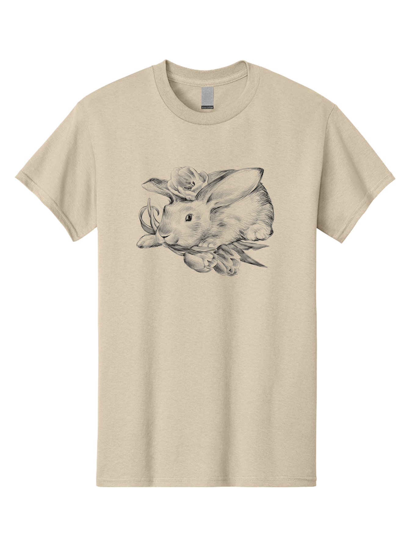 Rabbit-With-Flowers Men'S Graphic Tee, 100% Cotton, Comfortable Casual Summer Wear, Machine Washable, Rabbit Surrounded By Tulips, Floral Arrangement, Ink Illustration, Detailed Drawing, Rabbit With Flowers, Spring Theme, Botanical Art, Aac270