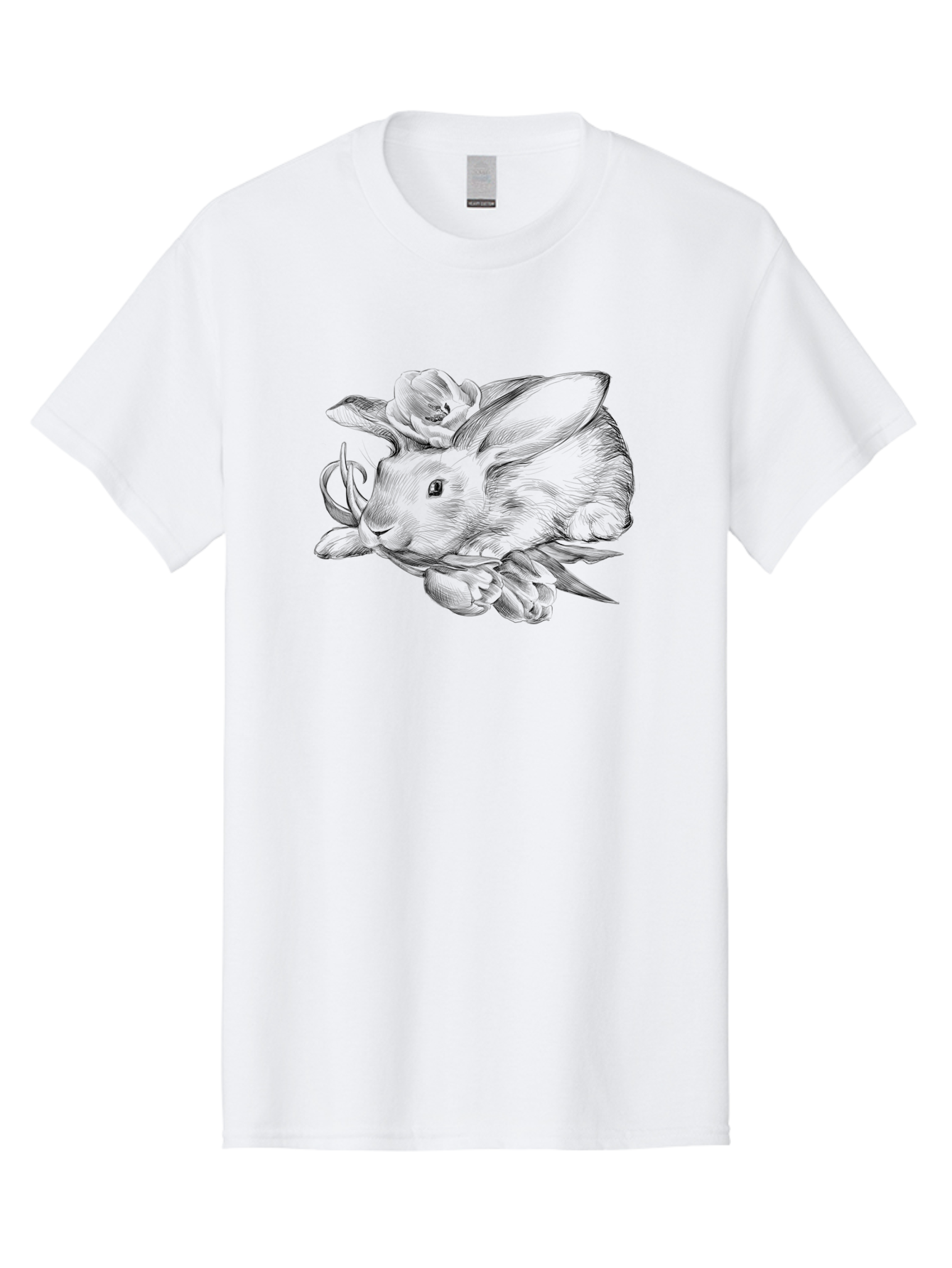 Rabbit-With-Flowers Men'S Graphic Tee, 100% Cotton, Comfortable Casual Summer Wear, Machine Washable, Rabbit Surrounded By Tulips, Floral Arrangement, Ink Illustration, Detailed Drawing, Rabbit With Flowers, Spring Theme, Botanical Art, Aac270