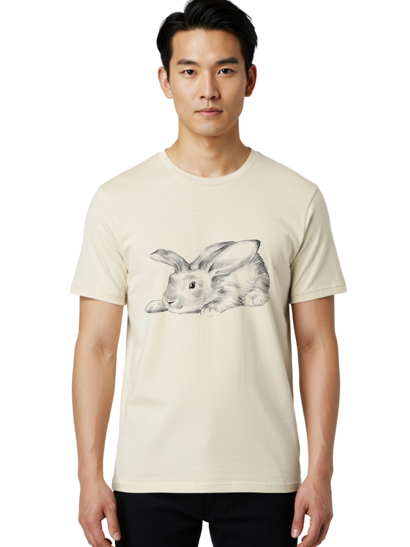 Rabbit Men'S Graphic Tee, 100% Cotton, Comfortable Casual Summer Wear, Machine Washable, Pen And Ink Drawing Of A Resting Rabbit, Cute Rabbit, Rabbit, Bunny, Whiskers, Furry, Rabbit Ears, Pet, Soft Fur, Adorable, Sketch Aac271