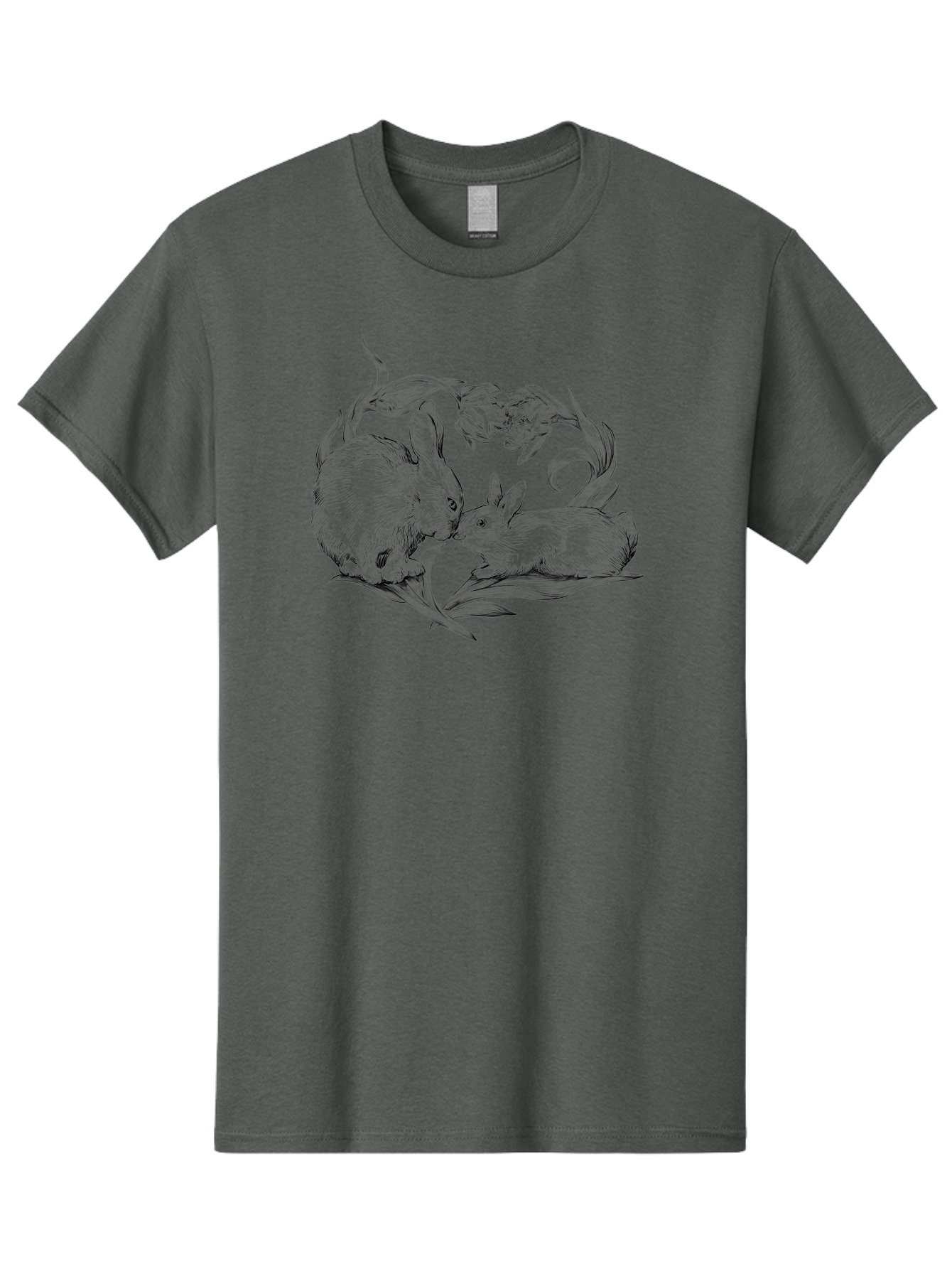Rabbits Men'S Graphic Tee, 100% Cotton, Comfortable Casual Summer Wear, Machine Washable, Two Rabbits, Tender Moment, Cute Animals, Nuzzling, Floral Motif, Whimsical Design, Vintage Style, Gentle Interaction, Spring Theme Aac272