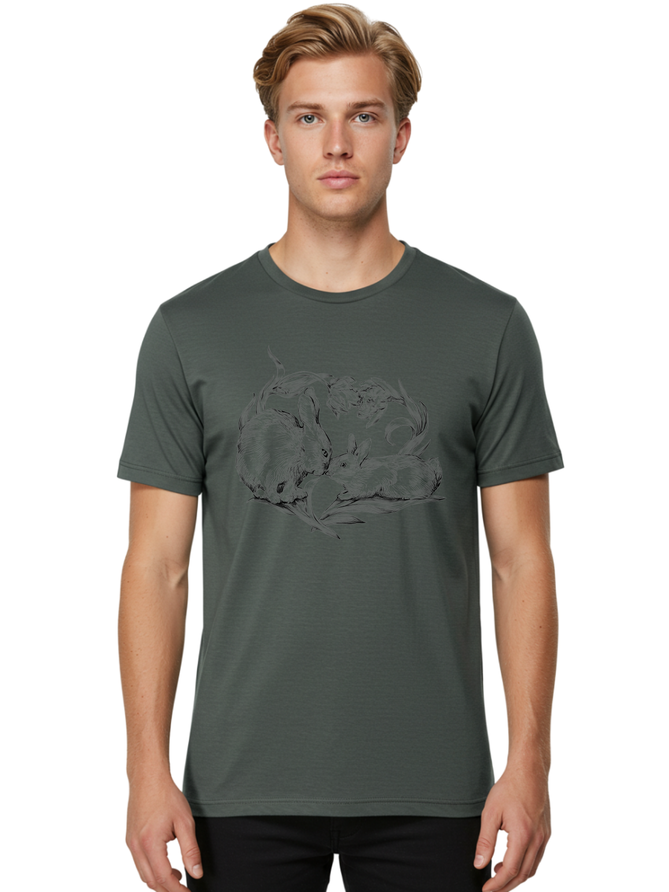 Rabbits Men'S Graphic Tee, 100% Cotton, Comfortable Casual Summer Wear, Machine Washable, Two Rabbits, Tender Moment, Cute Animals, Nuzzling, Floral Motif, Whimsical Design, Vintage Style, Gentle Interaction, Spring Theme Aac272