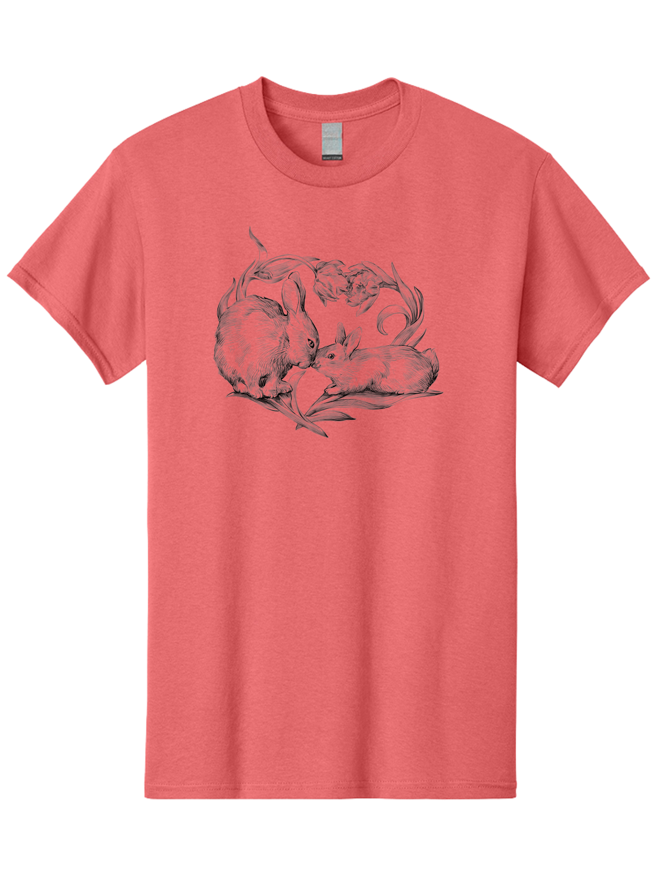 Rabbits Men'S Graphic Tee, 100% Cotton, Comfortable Casual Summer Wear, Machine Washable, Two Rabbits, Tender Moment, Cute Animals, Nuzzling, Floral Motif, Whimsical Design, Vintage Style, Gentle Interaction, Spring Theme Aac272