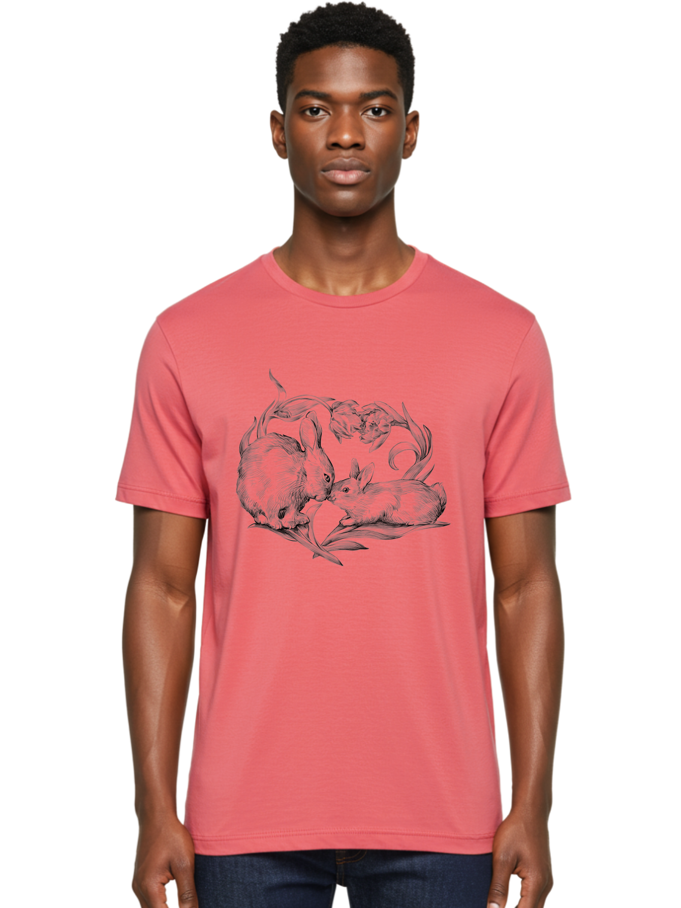 Rabbits Men'S Graphic Tee, 100% Cotton, Comfortable Casual Summer Wear, Machine Washable, Two Rabbits, Tender Moment, Cute Animals, Nuzzling, Floral Motif, Whimsical Design, Vintage Style, Gentle Interaction, Spring Theme Aac272