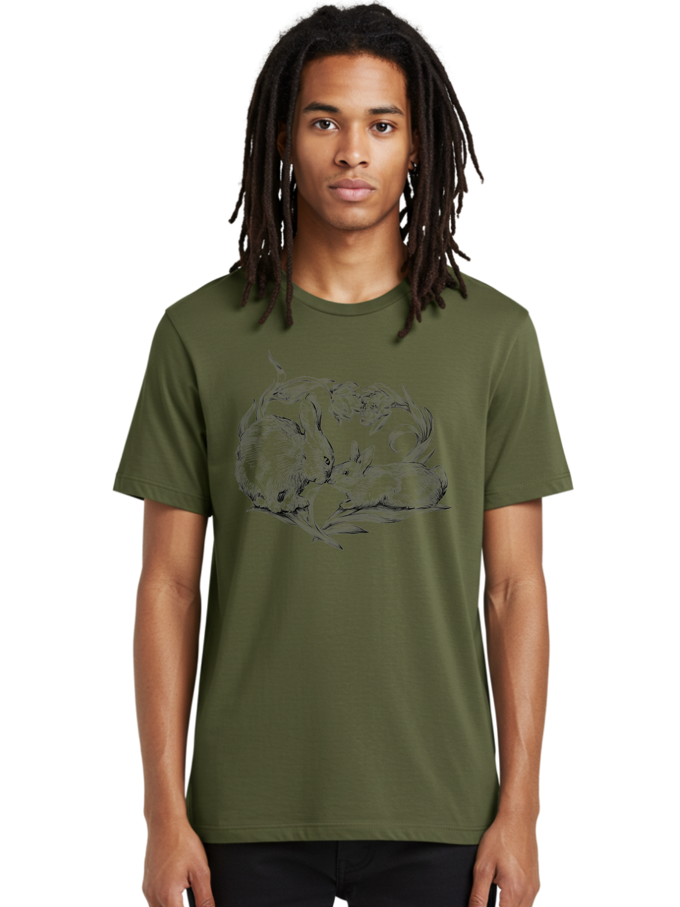 Rabbits Men'S Graphic Tee, 100% Cotton, Comfortable Casual Summer Wear, Machine Washable, Two Rabbits, Tender Moment, Cute Animals, Nuzzling, Floral Motif, Whimsical Design, Vintage Style, Gentle Interaction, Spring Theme Aac272