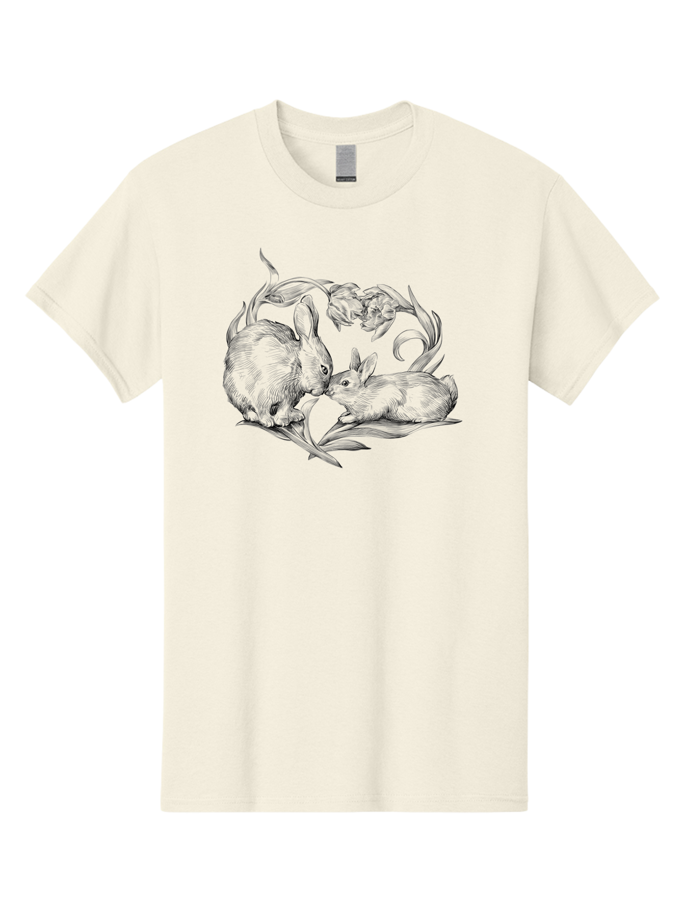 Rabbits Men'S Graphic Tee, 100% Cotton, Comfortable Casual Summer Wear, Machine Washable, Two Rabbits, Tender Moment, Cute Animals, Nuzzling, Floral Motif, Whimsical Design, Vintage Style, Gentle Interaction, Spring Theme Aac272