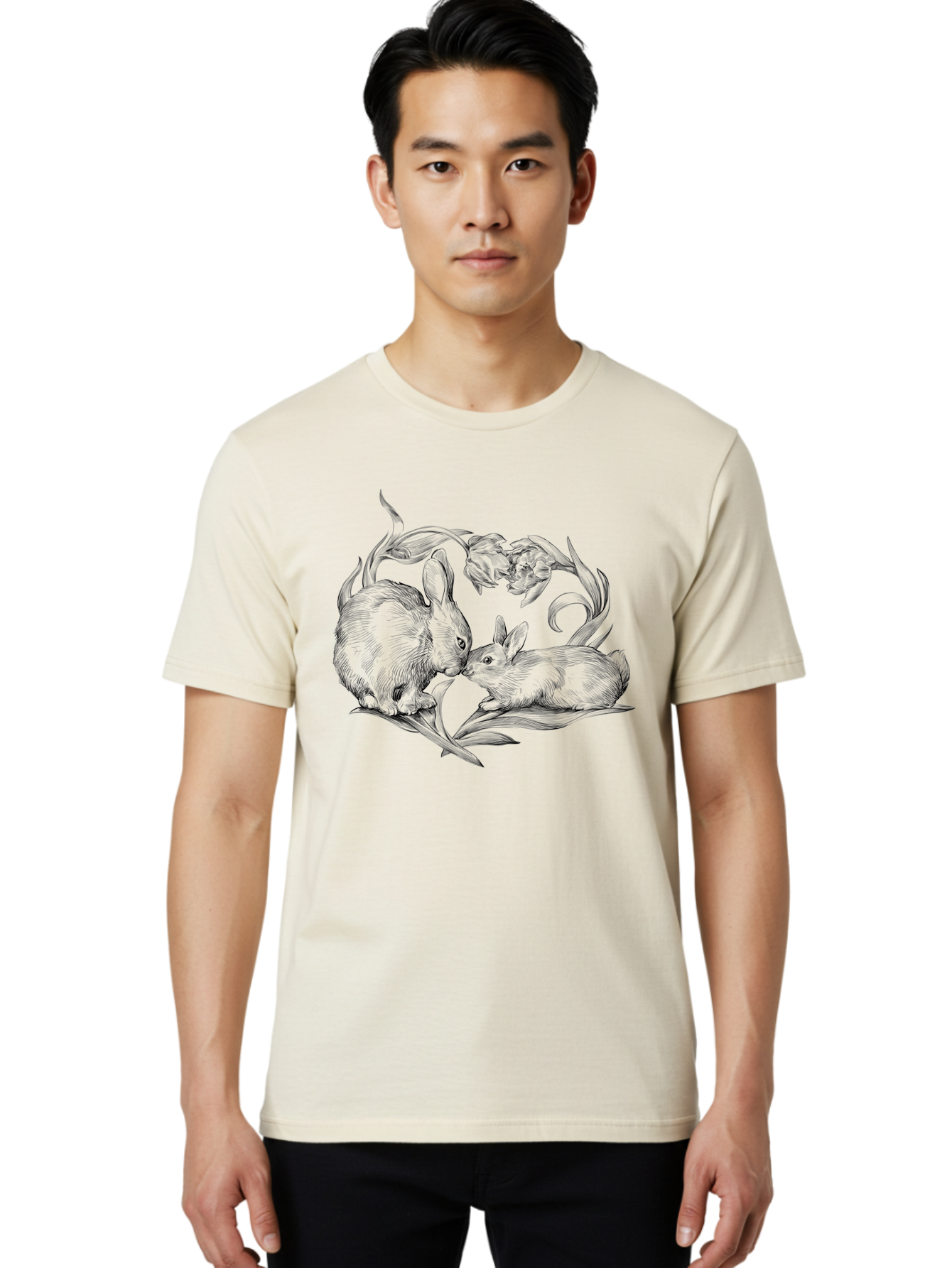 Rabbits Men'S Graphic Tee, 100% Cotton, Comfortable Casual Summer Wear, Machine Washable, Two Rabbits, Tender Moment, Cute Animals, Nuzzling, Floral Motif, Whimsical Design, Vintage Style, Gentle Interaction, Spring Theme Aac272
