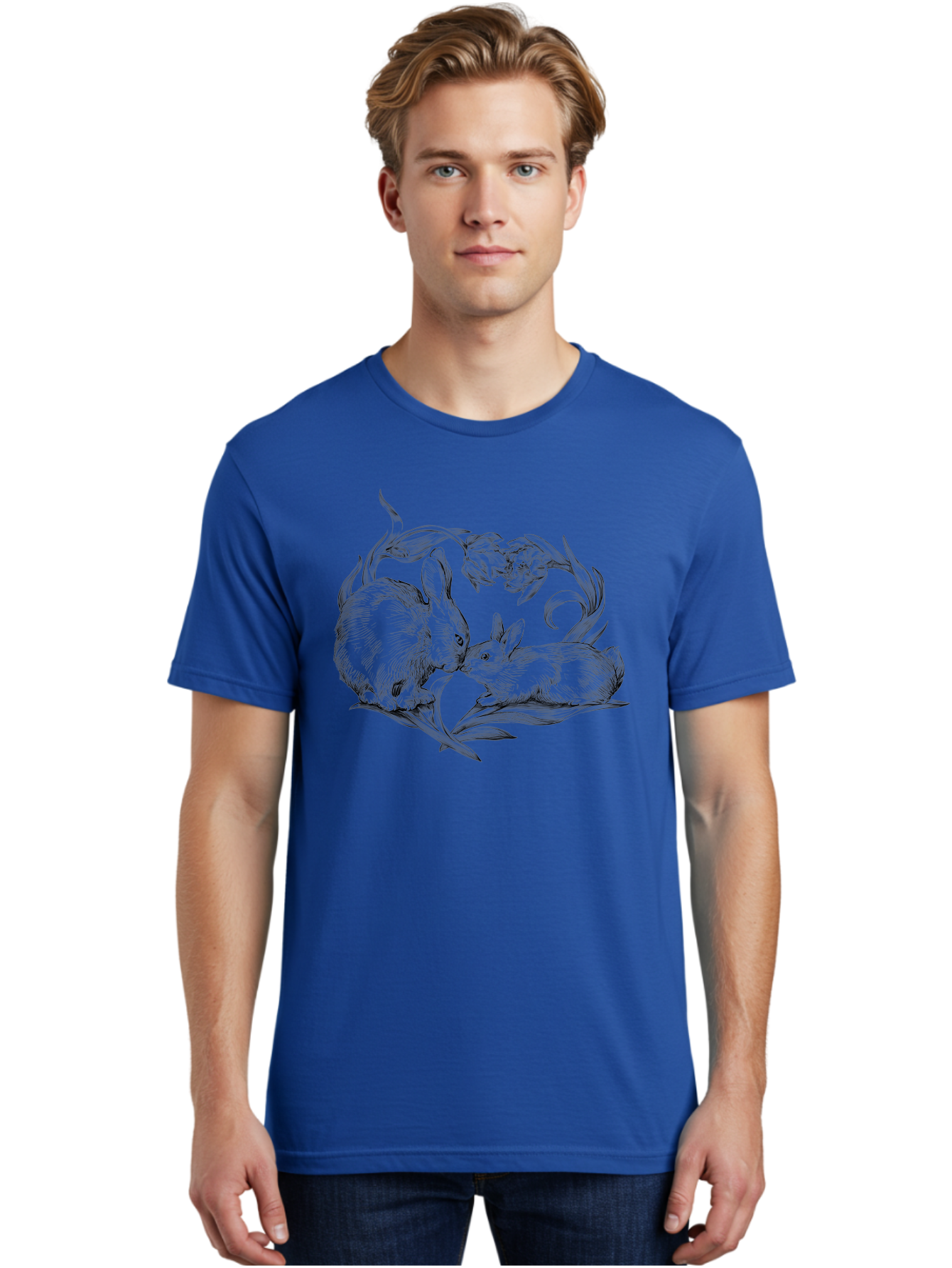 Rabbits Men'S Graphic Tee, 100% Cotton, Comfortable Casual Summer Wear, Machine Washable, Two Rabbits, Tender Moment, Cute Animals, Nuzzling, Floral Motif, Whimsical Design, Vintage Style, Gentle Interaction, Spring Theme Aac272