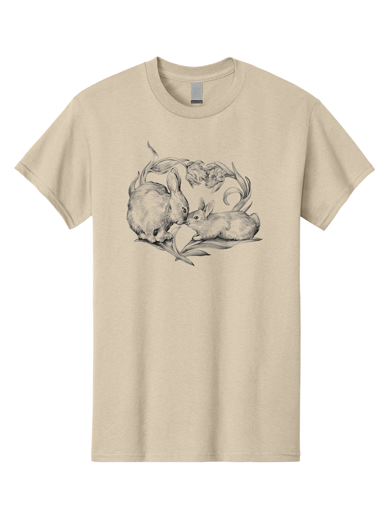 Rabbits Men'S Graphic Tee, 100% Cotton, Comfortable Casual Summer Wear, Machine Washable, Two Rabbits, Tender Moment, Cute Animals, Nuzzling, Floral Motif, Whimsical Design, Vintage Style, Gentle Interaction, Spring Theme Aac272
