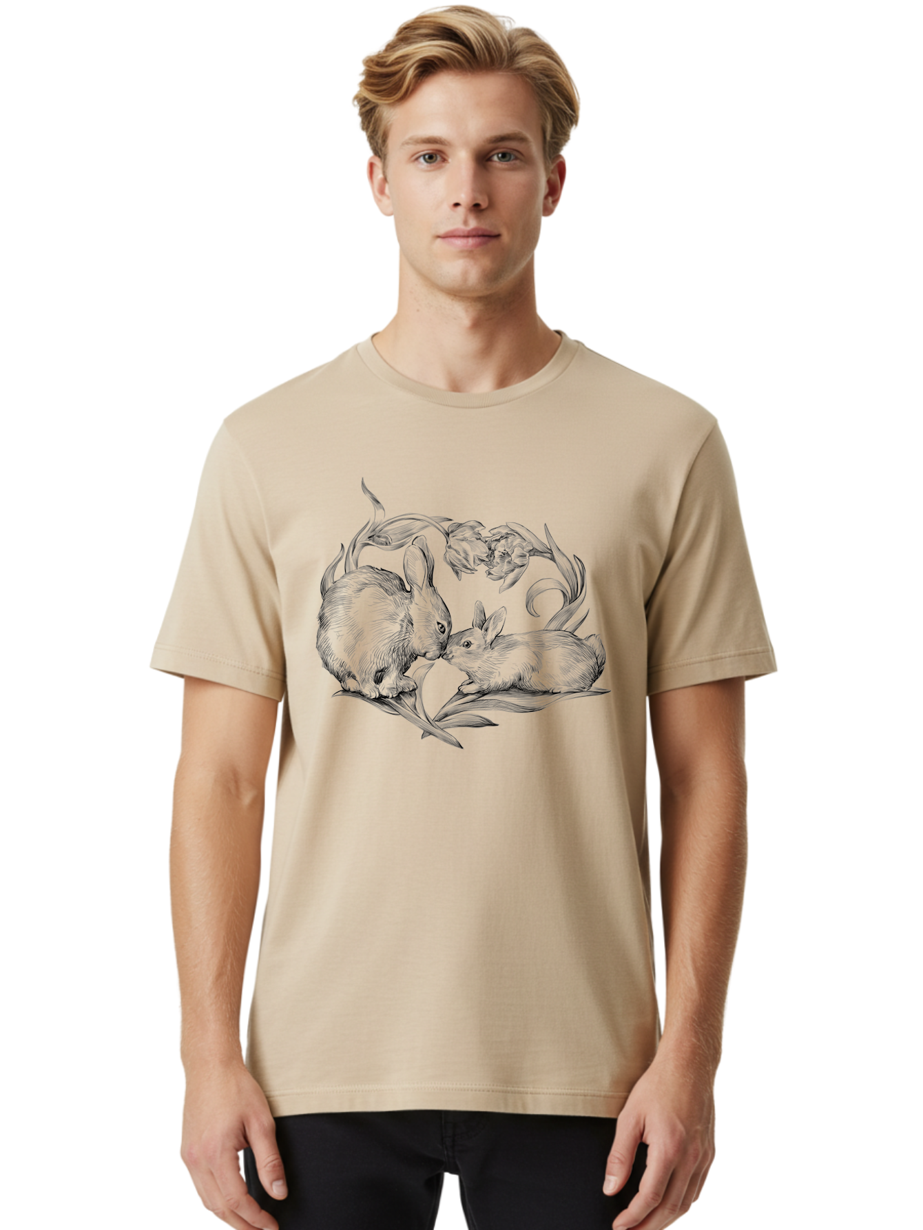 Rabbits Men'S Graphic Tee, 100% Cotton, Comfortable Casual Summer Wear, Machine Washable, Two Rabbits, Tender Moment, Cute Animals, Nuzzling, Floral Motif, Whimsical Design, Vintage Style, Gentle Interaction, Spring Theme Aac272