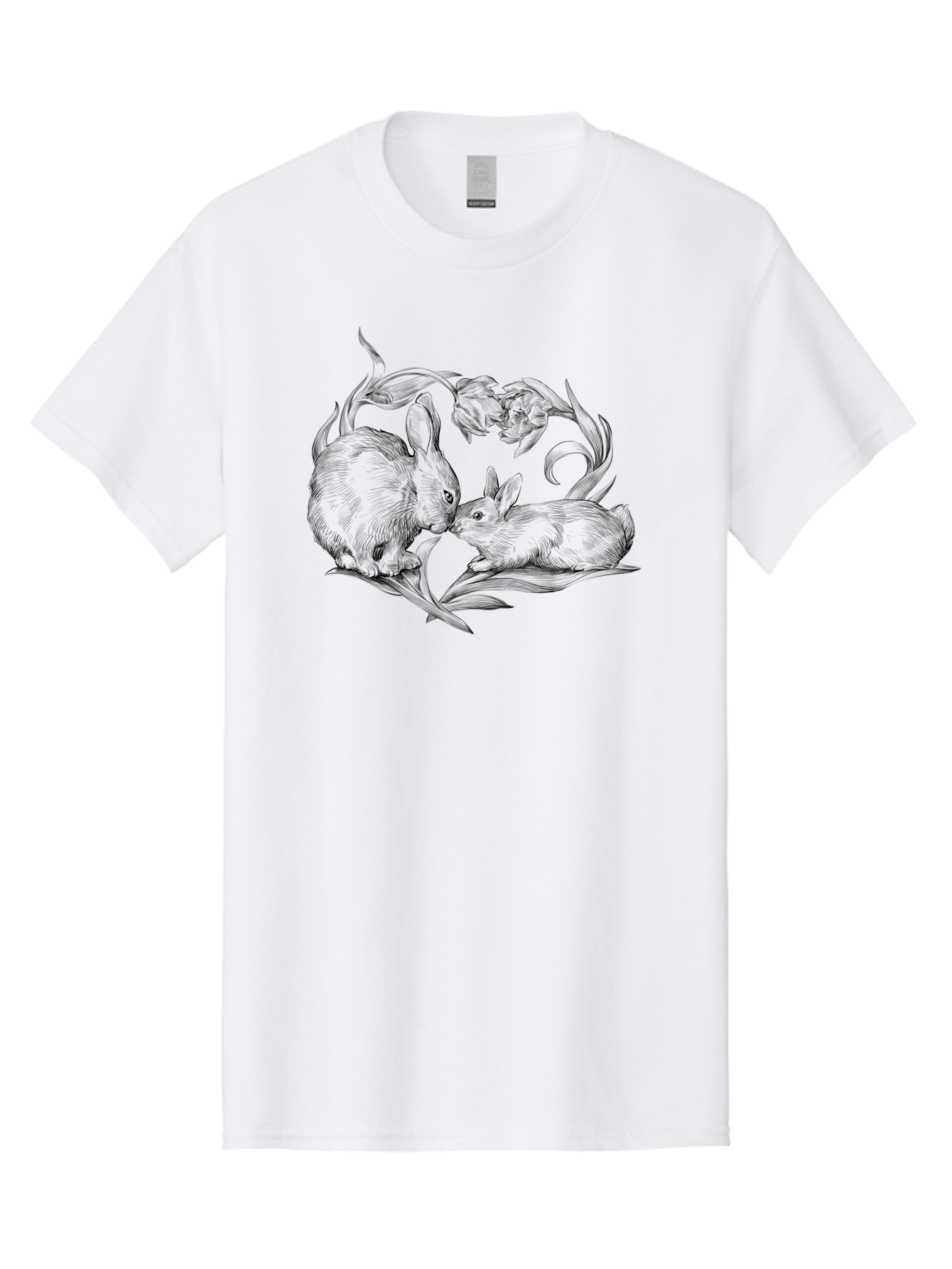 Rabbits Men'S Graphic Tee, 100% Cotton, Comfortable Casual Summer Wear, Machine Washable, Two Rabbits, Tender Moment, Cute Animals, Nuzzling, Floral Motif, Whimsical Design, Vintage Style, Gentle Interaction, Spring Theme Aac272