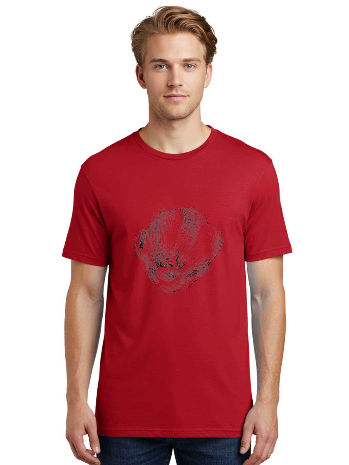 Tulip Men'S Graphic Tee, 100% Cotton, Comfortable Casual Summer Wear, Machine Washable, Hand-Drawn Tulip, Flower Illustration, Botanical Art, Sketched Petals, Elegant Design, Floral Motif, Delicate Lines Aac277