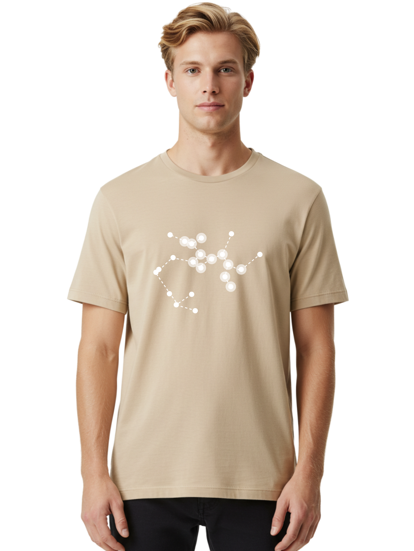 Cancer-Constellation Men'S Graphic Tee, 100% Cotton, Comfortable Casual Summer Wear, Machine Washable, Constellation Of Stars, Starry Night Sky, White Dots Connected By Dashed Lines, Astronomical Pattern, Simple Graphics, Minimalist Design, Aac279