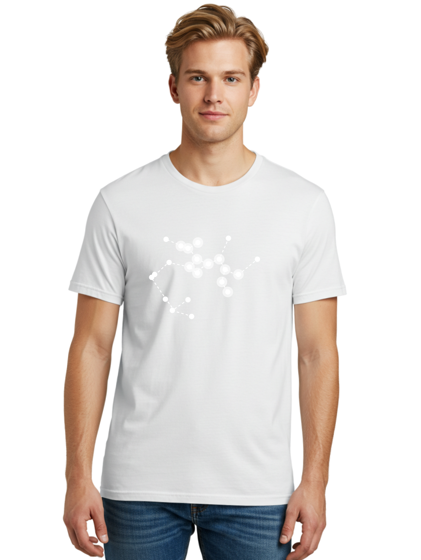 Cancer-Constellation Men'S Graphic Tee, 100% Cotton, Comfortable Casual Summer Wear, Machine Washable, Constellation Of Stars, Starry Night Sky, White Dots Connected By Dashed Lines, Astronomical Pattern, Simple Graphics, Minimalist Design, Aac279