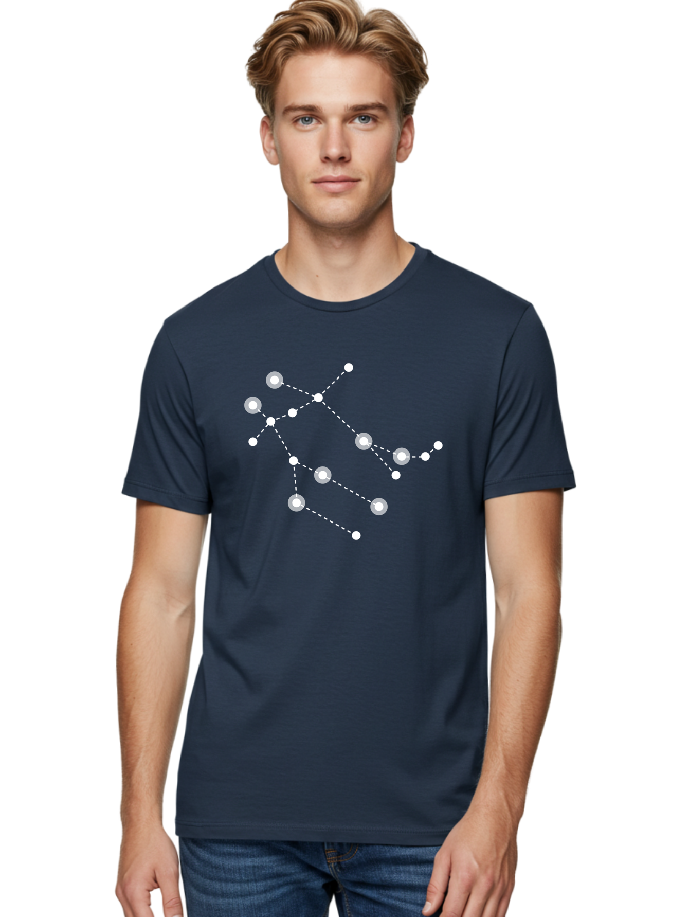Constellation-Pattern-2 Men'S Graphic Tee, 100% Cotton, Comfortable Casual Summer Wear, Machine Washable, Constellation Pattern, Stars Connected By Dotted Lines, Glowing White Dots, Celestial Design, Night Sky, Astronomy, Space Theme, Aac286