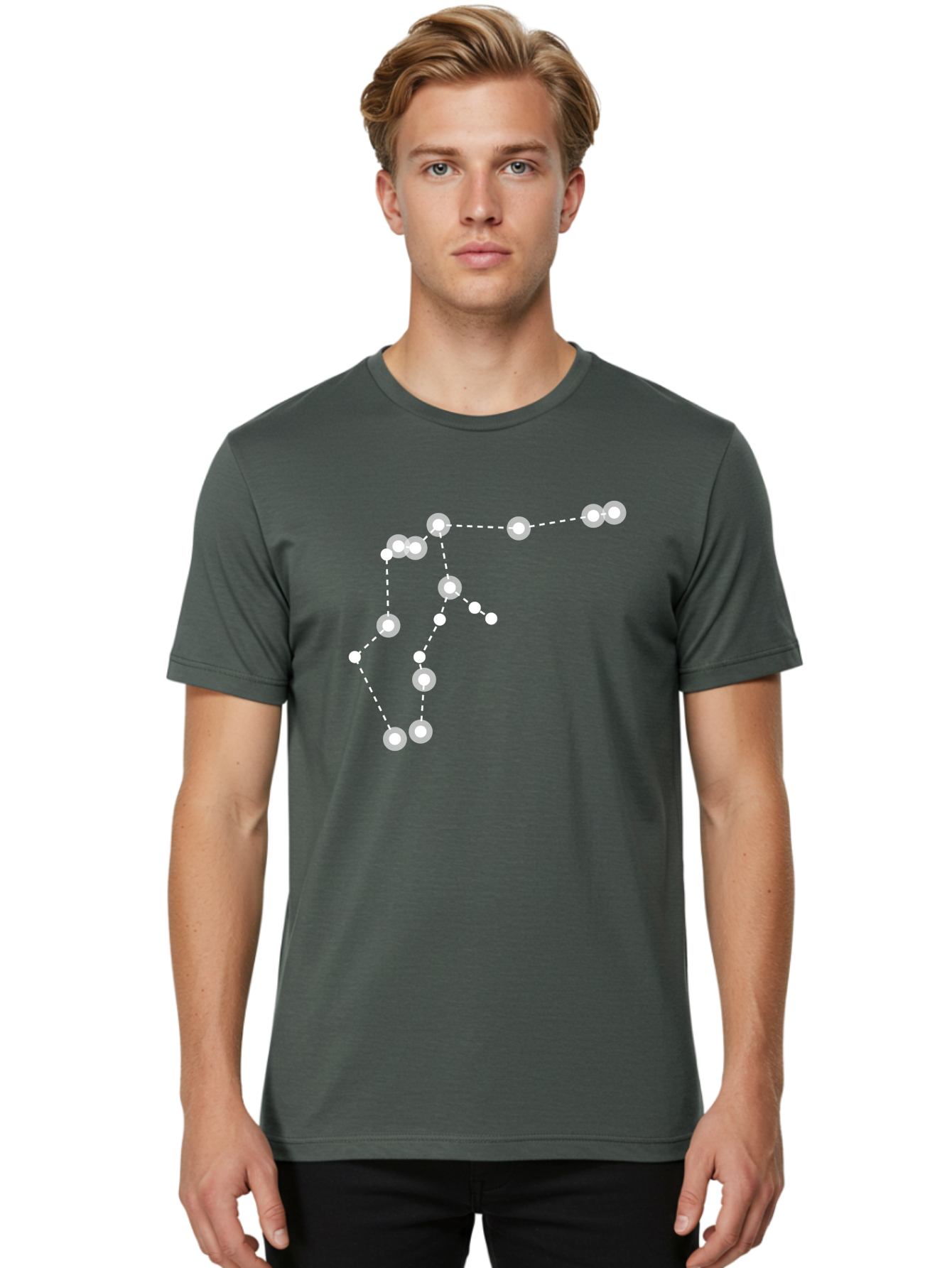 Constellation Men'S Graphic Tee, 100% Cotton, Comfortable Casual Summer Wear, Machine Washable, Stars Connected By Dotted Lines, Glowing White Dots, Celestial Navigation, Astronomy, Constellations, Starry Night Sky, Nighttime, Aac289