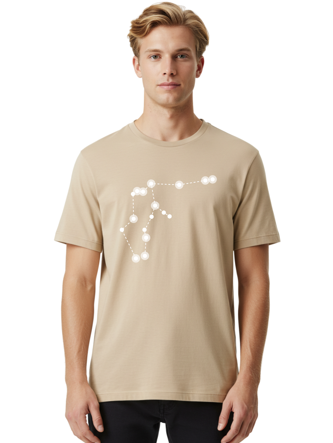 Constellation Men'S Graphic Tee, 100% Cotton, Comfortable Casual Summer Wear, Machine Washable, Stars Connected By Dotted Lines, Glowing White Dots, Celestial Navigation, Astronomy, Constellations, Starry Night Sky, Nighttime, Aac289