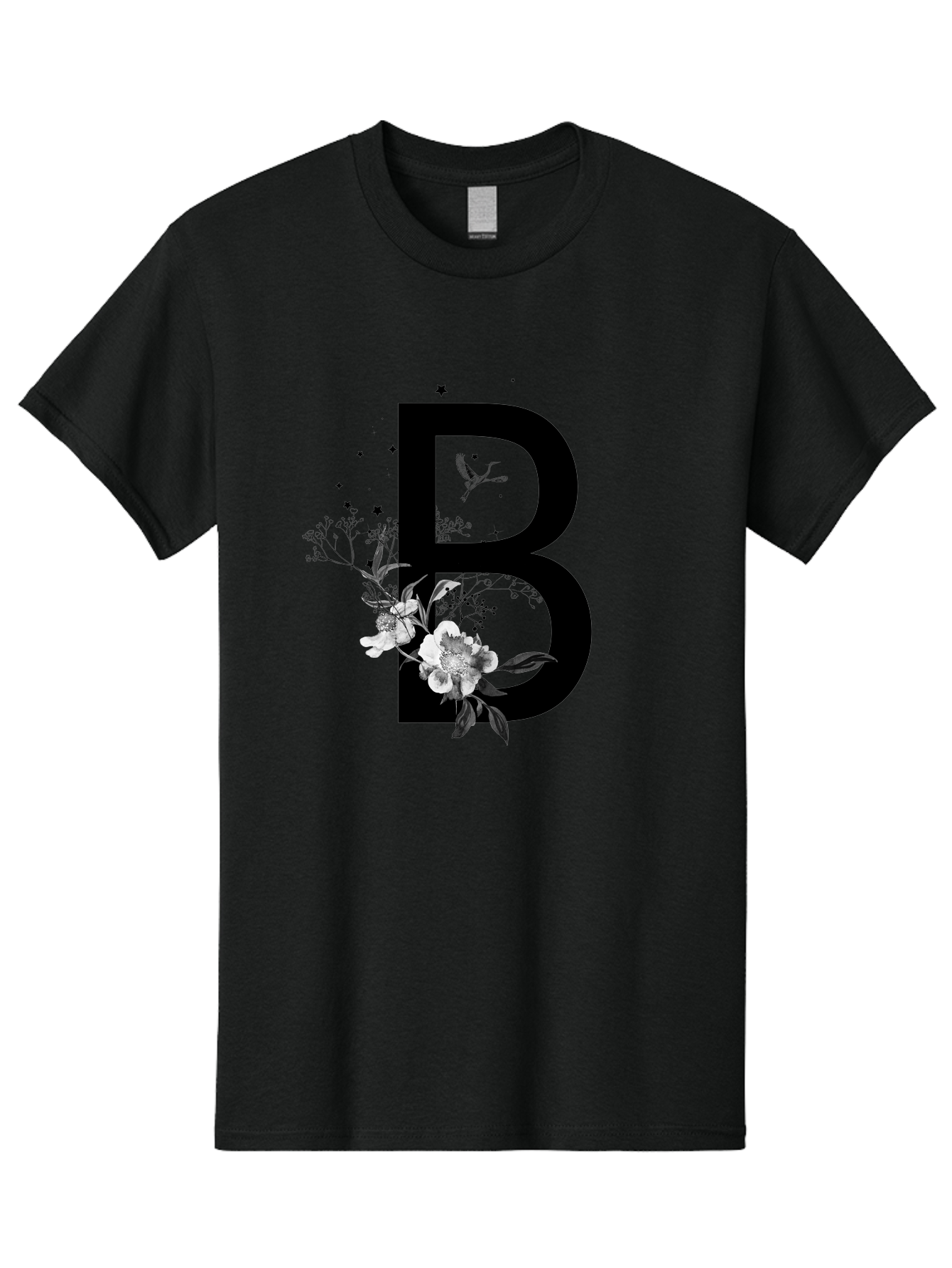 B Men'S Graphic Tee, 100% Cotton, Comfortable Casual Summer Wear, Machine Washable, Large Letter B, Floral Design, White Flowers, Hummingbird, Black Silhouette, Whimsical Illustration, Botanical Art, Black Stars Aac290