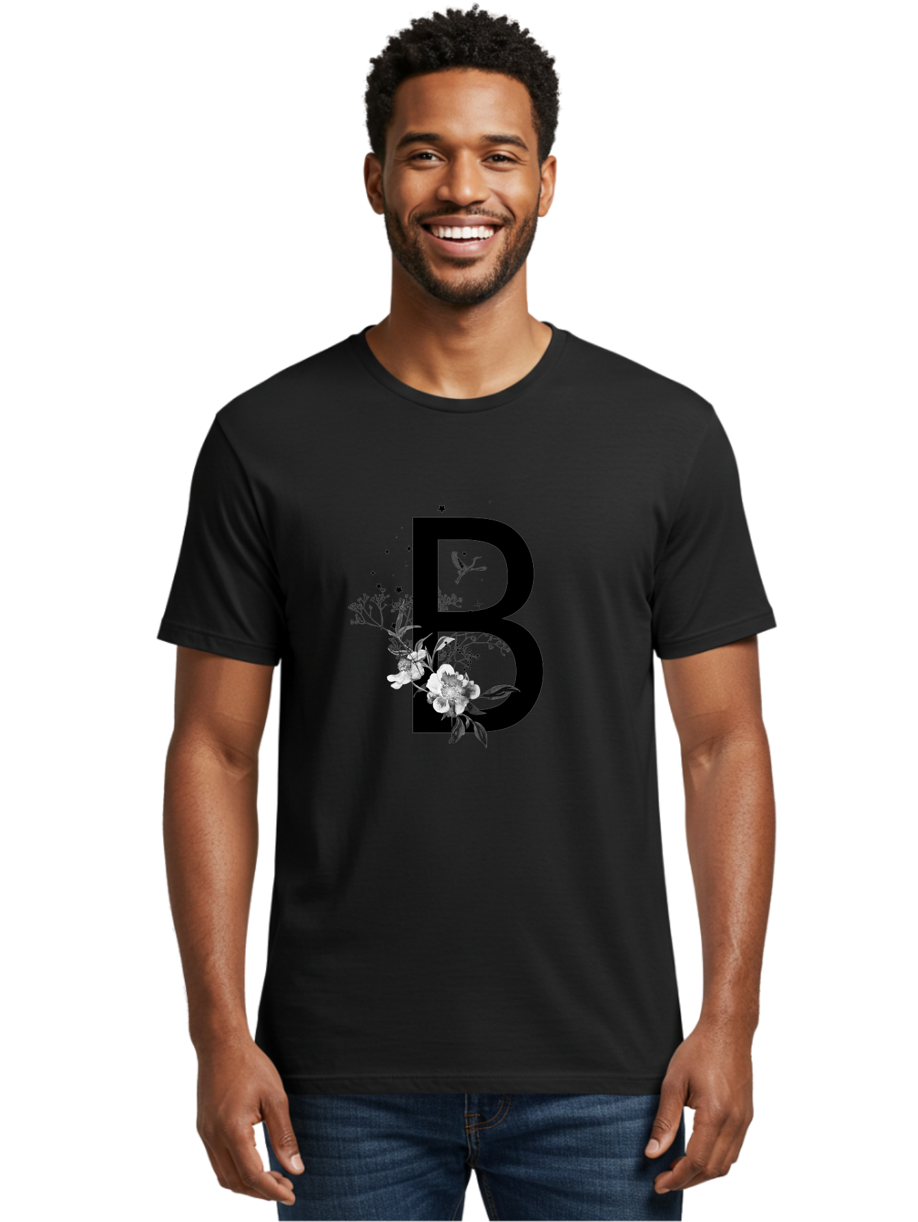 B Men'S Graphic Tee, 100% Cotton, Comfortable Casual Summer Wear, Machine Washable, Large Letter B, Floral Design, White Flowers, Hummingbird, Black Silhouette, Whimsical Illustration, Botanical Art, Black Stars Aac290