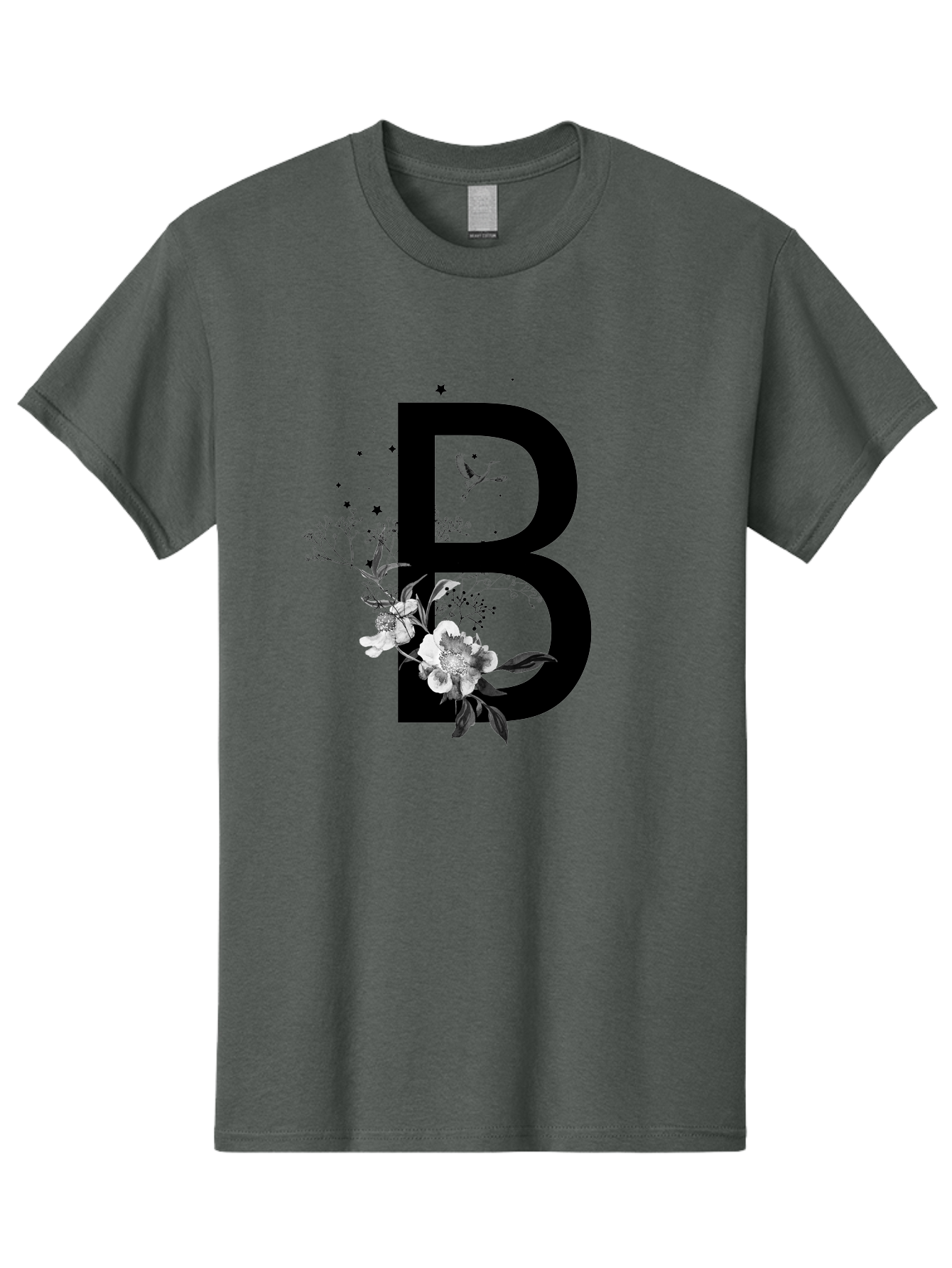 B Men'S Graphic Tee, 100% Cotton, Comfortable Casual Summer Wear, Machine Washable, Large Letter B, Floral Design, White Flowers, Hummingbird, Black Silhouette, Whimsical Illustration, Botanical Art, Black Stars Aac290