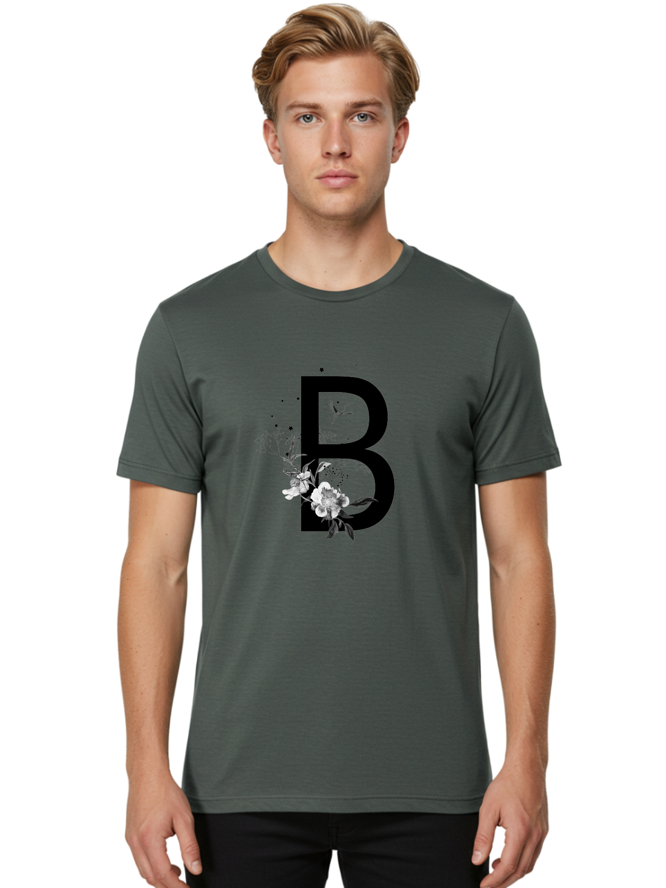 B Men'S Graphic Tee, 100% Cotton, Comfortable Casual Summer Wear, Machine Washable, Large Letter B, Floral Design, White Flowers, Hummingbird, Black Silhouette, Whimsical Illustration, Botanical Art, Black Stars Aac290