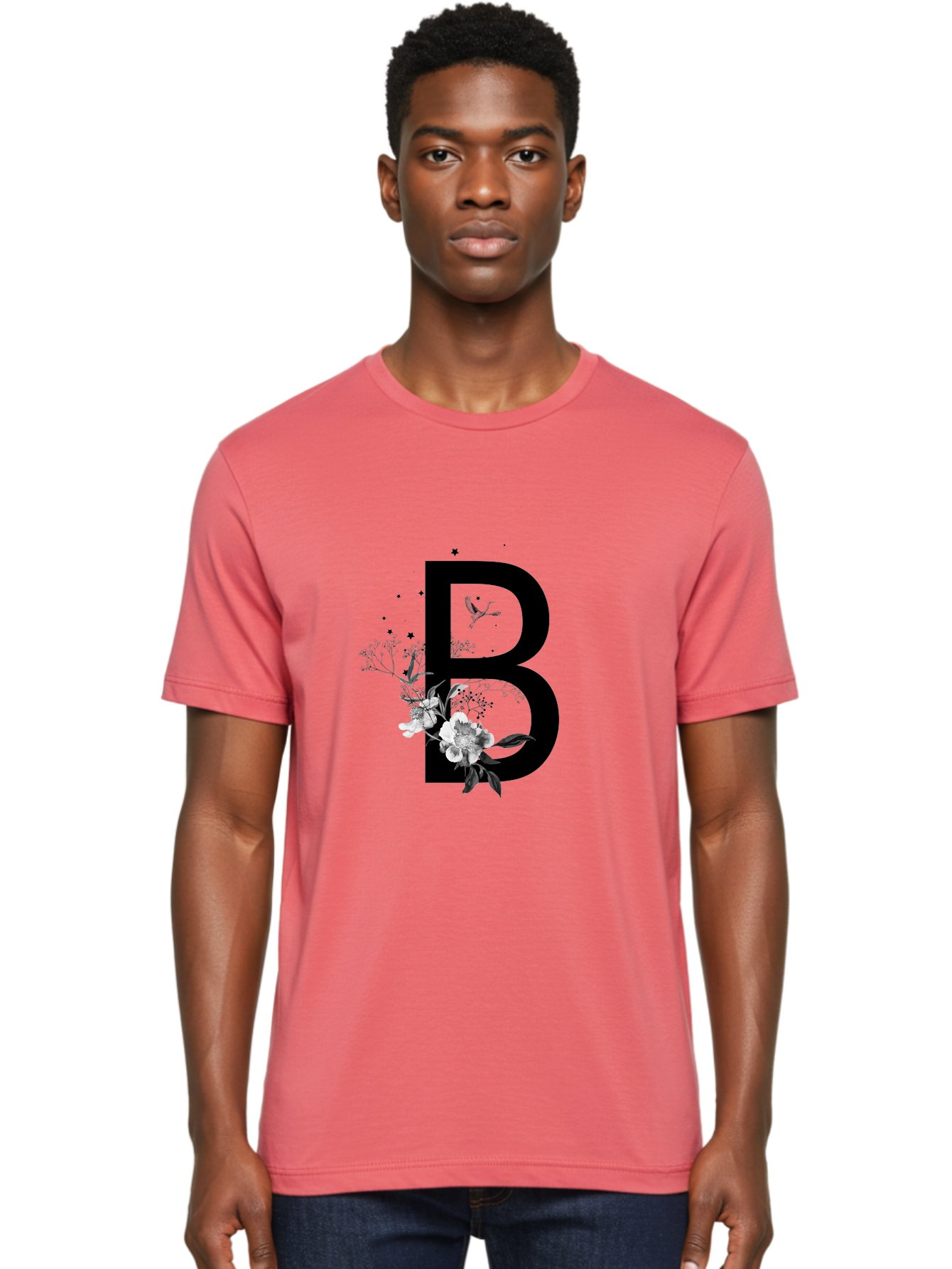 B Men'S Graphic Tee, 100% Cotton, Comfortable Casual Summer Wear, Machine Washable, Large Letter B, Floral Design, White Flowers, Hummingbird, Black Silhouette, Whimsical Illustration, Botanical Art, Black Stars Aac290