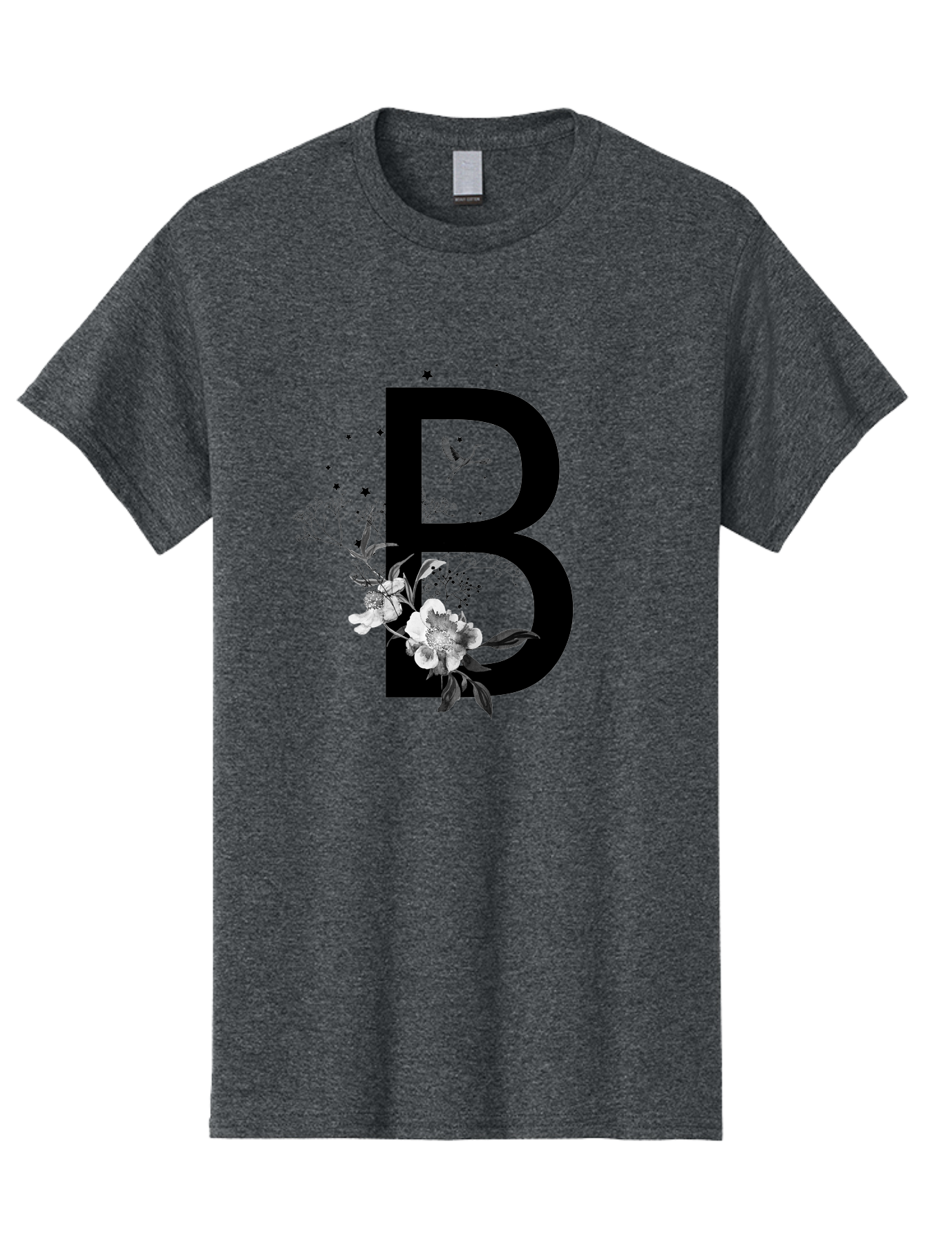 B Men'S Graphic Tee, 100% Cotton, Comfortable Casual Summer Wear, Machine Washable, Large Letter B, Floral Design, White Flowers, Hummingbird, Black Silhouette, Whimsical Illustration, Botanical Art, Black Stars Aac290