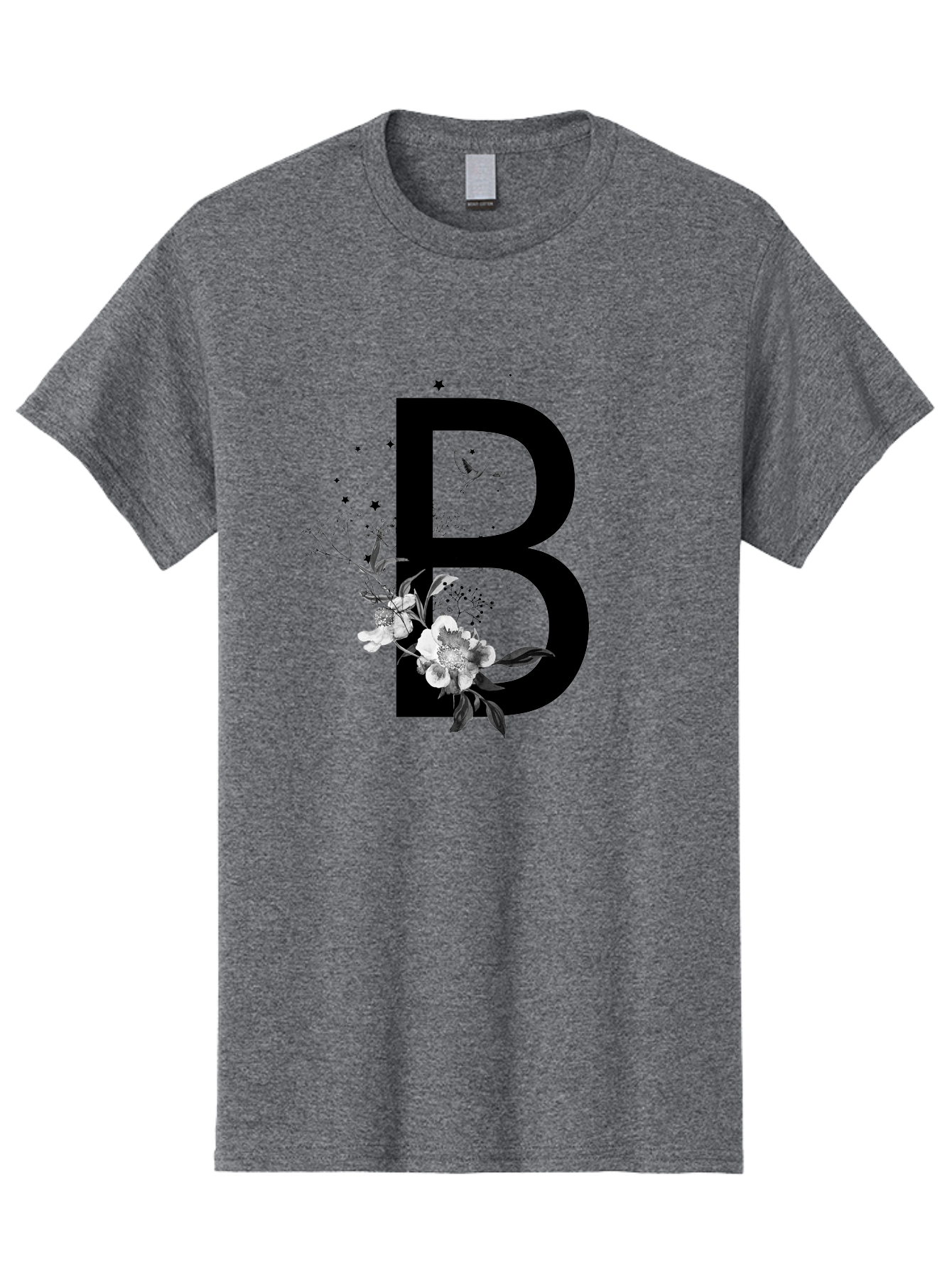 B Men'S Graphic Tee, 100% Cotton, Comfortable Casual Summer Wear, Machine Washable, Large Letter B, Floral Design, White Flowers, Hummingbird, Black Silhouette, Whimsical Illustration, Botanical Art, Black Stars Aac290