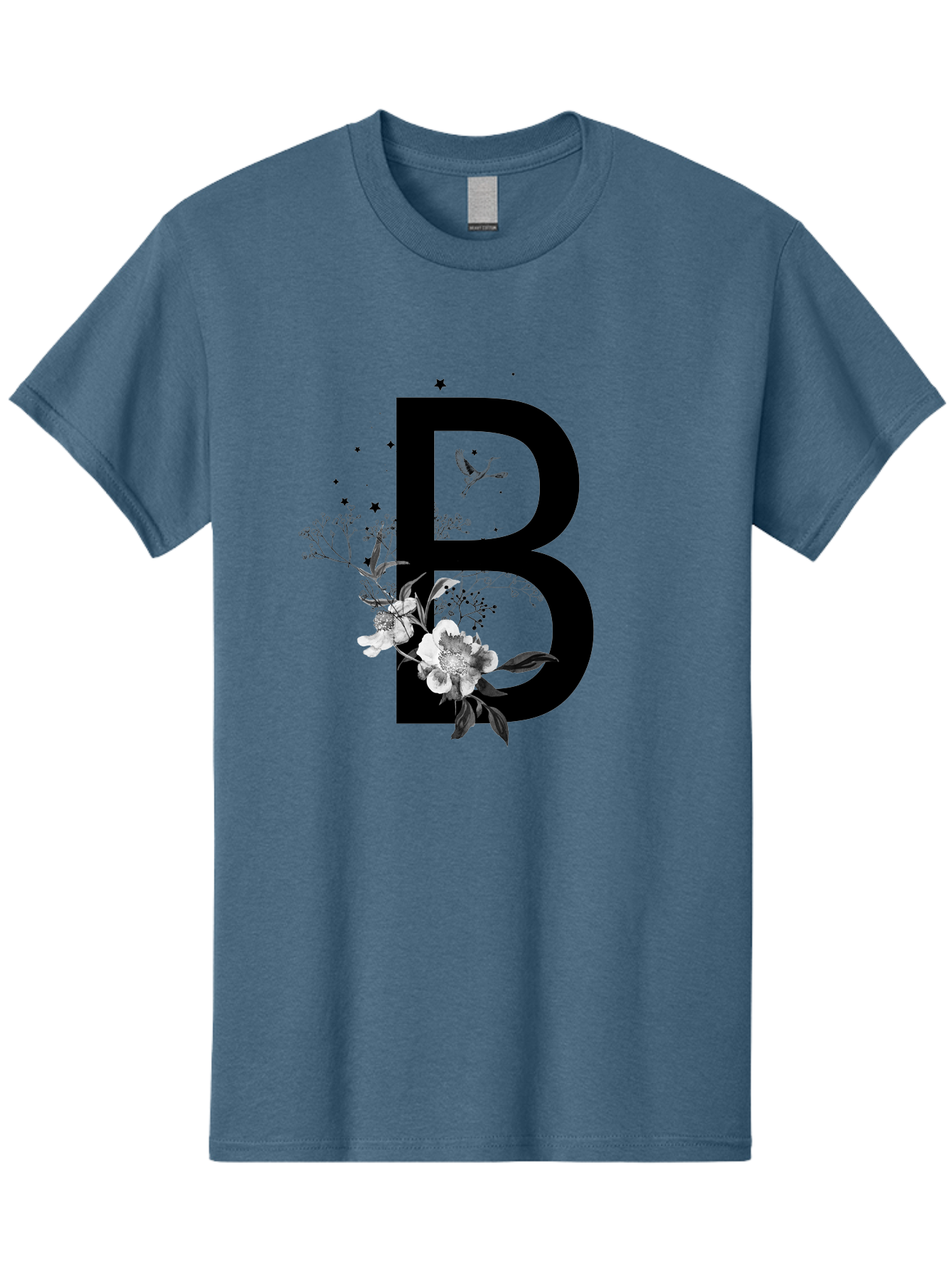 B Men'S Graphic Tee, 100% Cotton, Comfortable Casual Summer Wear, Machine Washable, Large Letter B, Floral Design, White Flowers, Hummingbird, Black Silhouette, Whimsical Illustration, Botanical Art, Black Stars Aac290