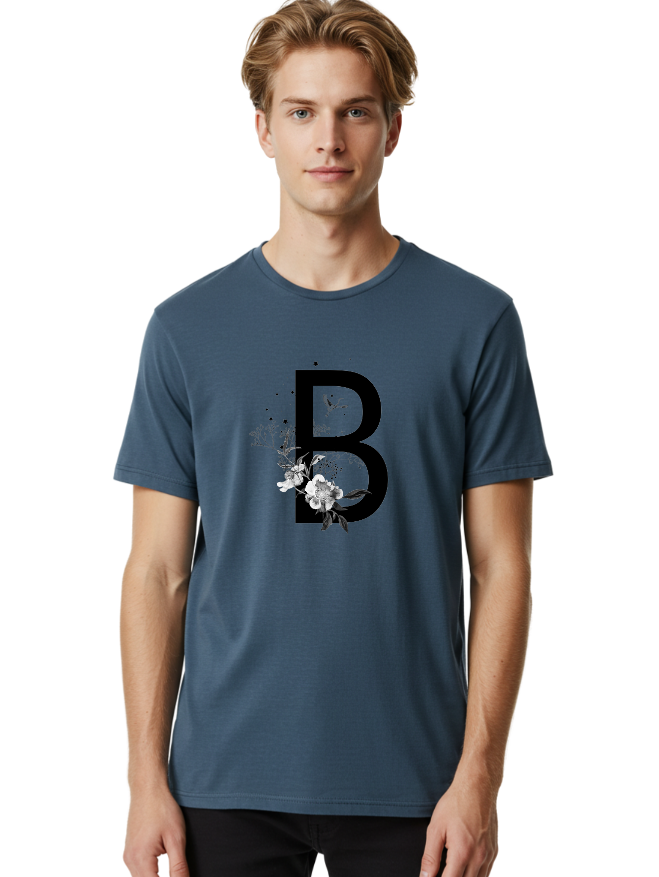 B Men'S Graphic Tee, 100% Cotton, Comfortable Casual Summer Wear, Machine Washable, Large Letter B, Floral Design, White Flowers, Hummingbird, Black Silhouette, Whimsical Illustration, Botanical Art, Black Stars Aac290