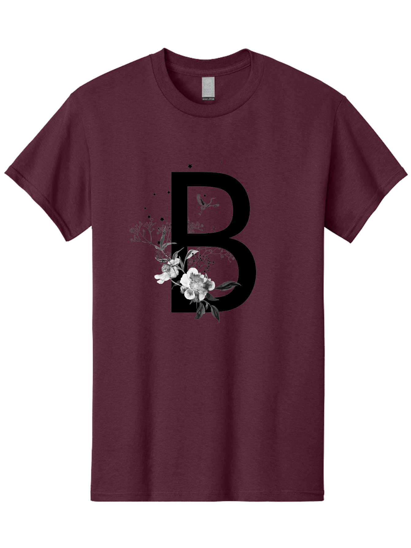 B Men'S Graphic Tee, 100% Cotton, Comfortable Casual Summer Wear, Machine Washable, Large Letter B, Floral Design, White Flowers, Hummingbird, Black Silhouette, Whimsical Illustration, Botanical Art, Black Stars Aac290