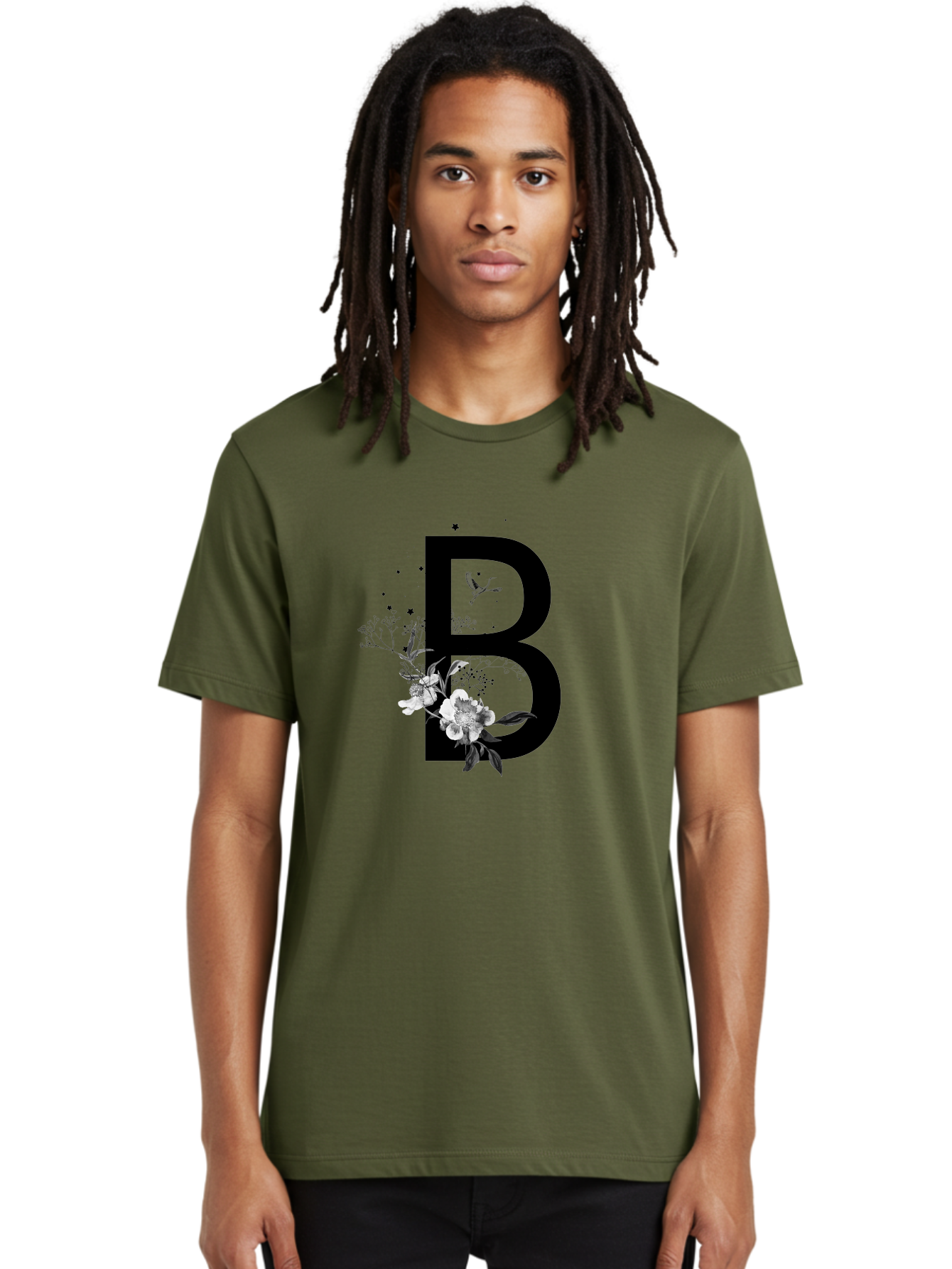 B Men'S Graphic Tee, 100% Cotton, Comfortable Casual Summer Wear, Machine Washable, Large Letter B, Floral Design, White Flowers, Hummingbird, Black Silhouette, Whimsical Illustration, Botanical Art, Black Stars Aac290
