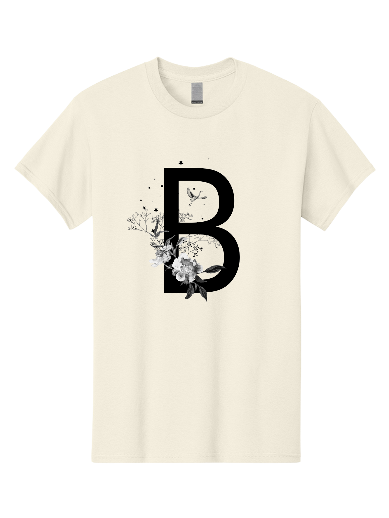 B Men'S Graphic Tee, 100% Cotton, Comfortable Casual Summer Wear, Machine Washable, Large Letter B, Floral Design, White Flowers, Hummingbird, Black Silhouette, Whimsical Illustration, Botanical Art, Black Stars Aac290