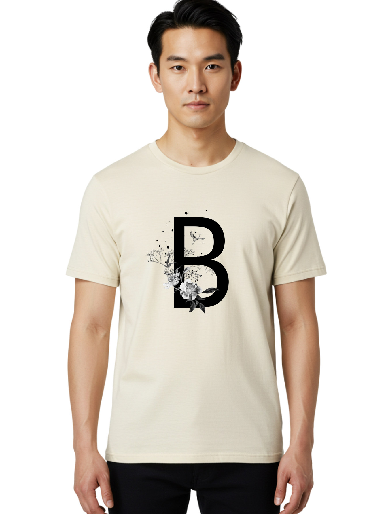 B Men'S Graphic Tee, 100% Cotton, Comfortable Casual Summer Wear, Machine Washable, Large Letter B, Floral Design, White Flowers, Hummingbird, Black Silhouette, Whimsical Illustration, Botanical Art, Black Stars Aac290