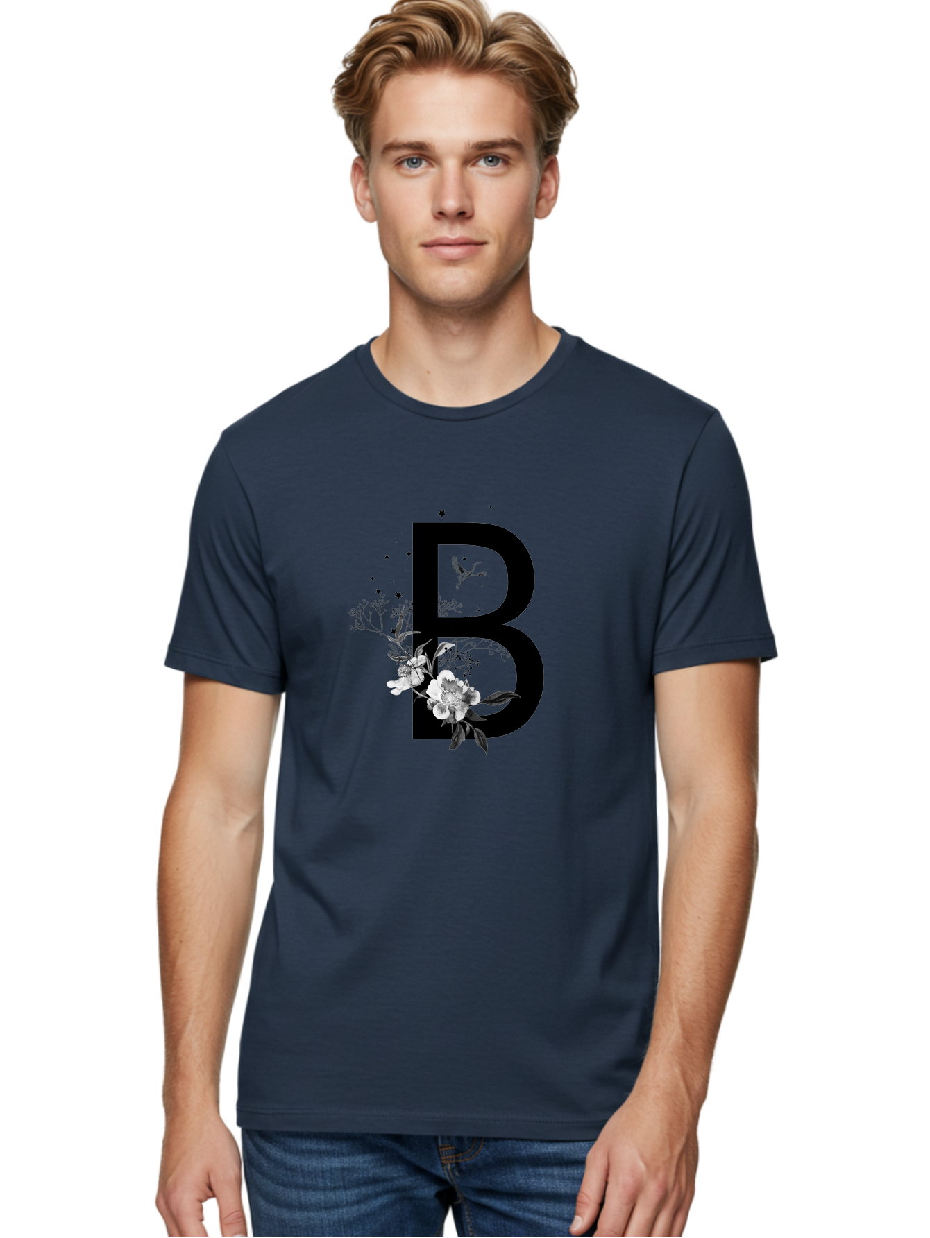 B Men'S Graphic Tee, 100% Cotton, Comfortable Casual Summer Wear, Machine Washable, Large Letter B, Floral Design, White Flowers, Hummingbird, Black Silhouette, Whimsical Illustration, Botanical Art, Black Stars Aac290