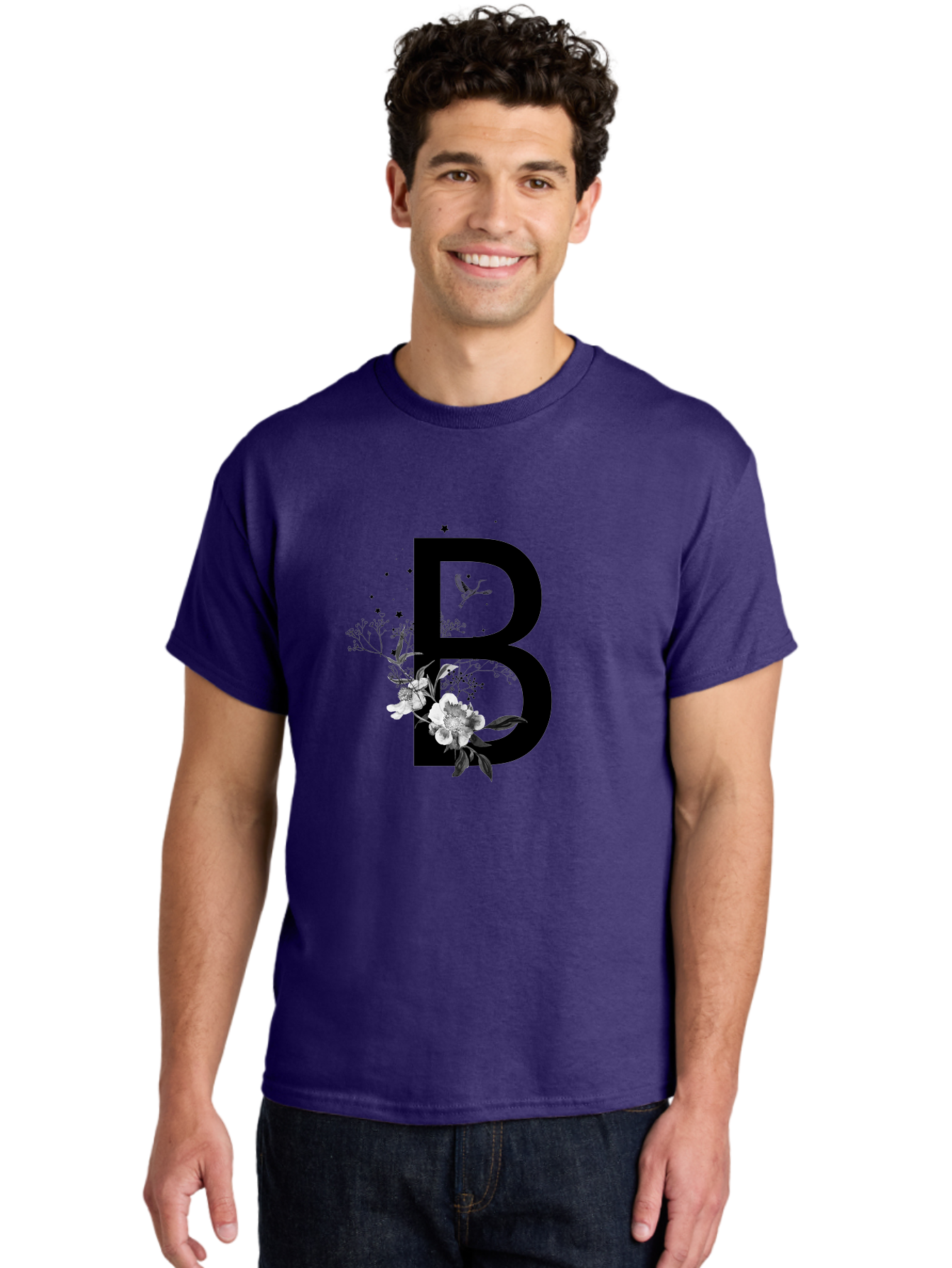 B Men'S Graphic Tee, 100% Cotton, Comfortable Casual Summer Wear, Machine Washable, Large Letter B, Floral Design, White Flowers, Hummingbird, Black Silhouette, Whimsical Illustration, Botanical Art, Black Stars Aac290