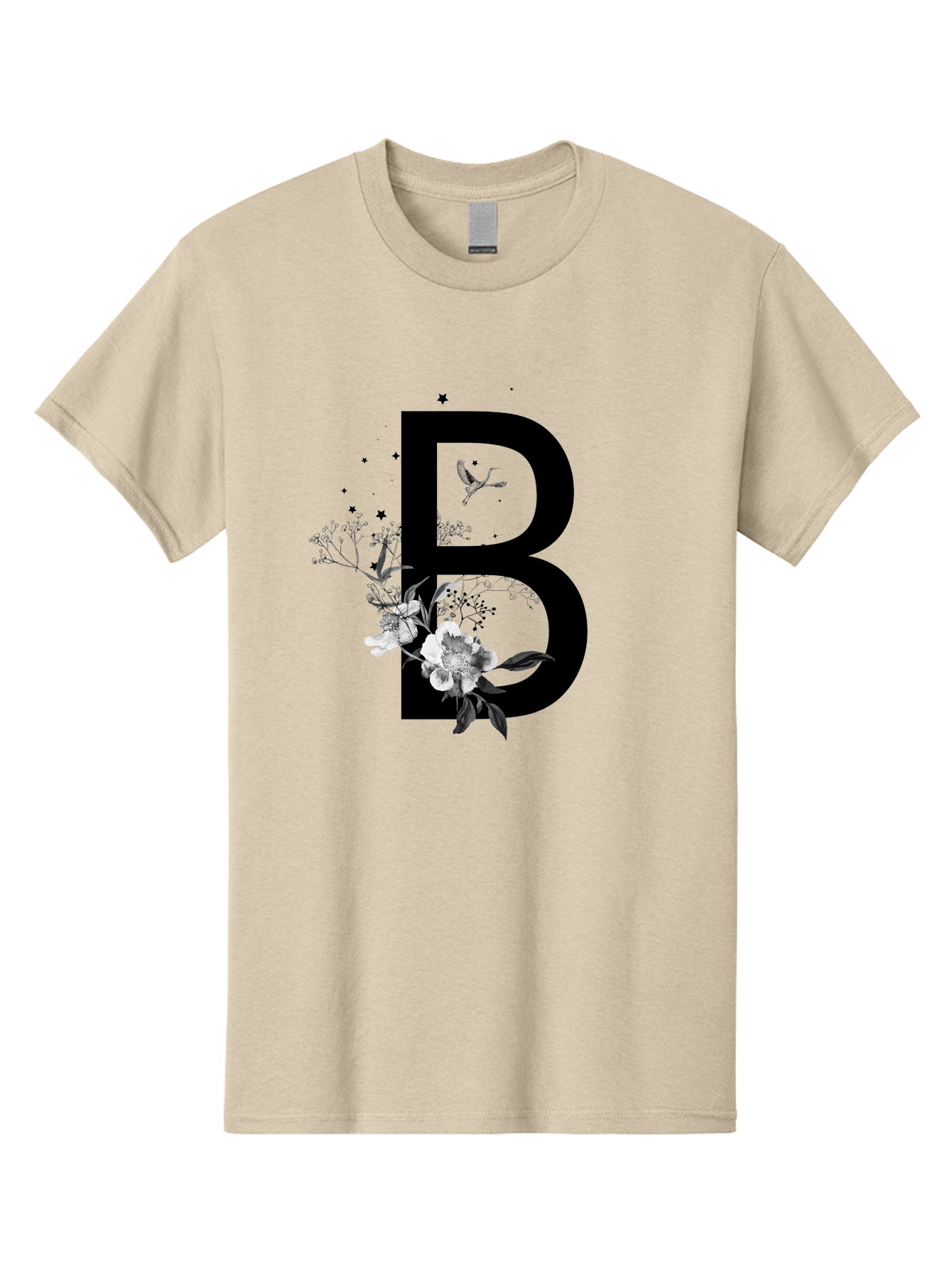 B Men'S Graphic Tee, 100% Cotton, Comfortable Casual Summer Wear, Machine Washable, Large Letter B, Floral Design, White Flowers, Hummingbird, Black Silhouette, Whimsical Illustration, Botanical Art, Black Stars Aac290