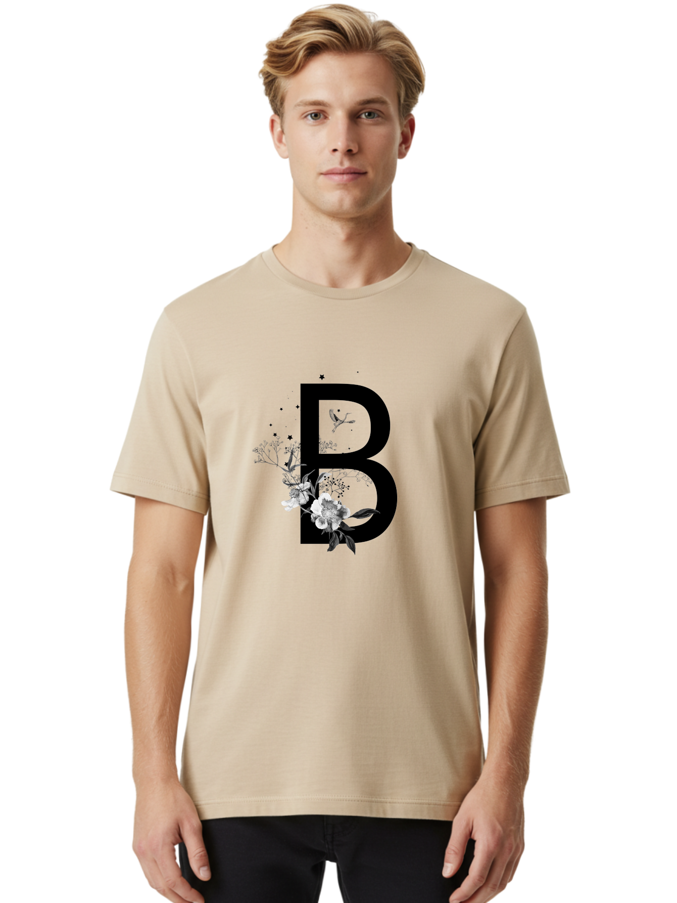 B Men'S Graphic Tee, 100% Cotton, Comfortable Casual Summer Wear, Machine Washable, Large Letter B, Floral Design, White Flowers, Hummingbird, Black Silhouette, Whimsical Illustration, Botanical Art, Black Stars Aac290