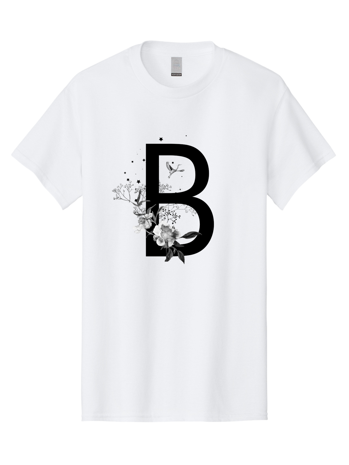B Men'S Graphic Tee, 100% Cotton, Comfortable Casual Summer Wear, Machine Washable, Large Letter B, Floral Design, White Flowers, Hummingbird, Black Silhouette, Whimsical Illustration, Botanical Art, Black Stars Aac290